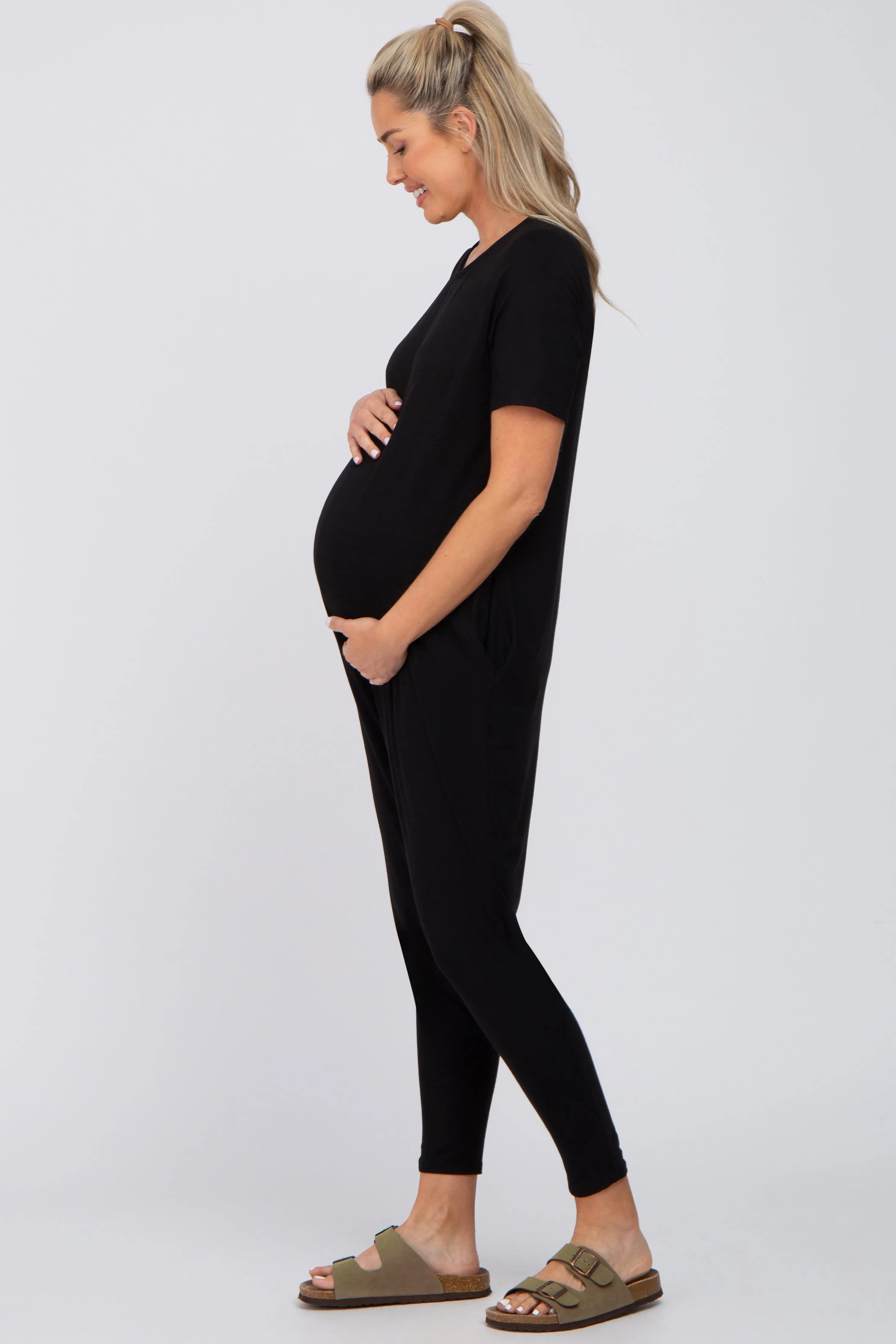 Black Basic Short Sleeve Maternity Jumpsuit sold by Pinkblush product image thumbnail 2
