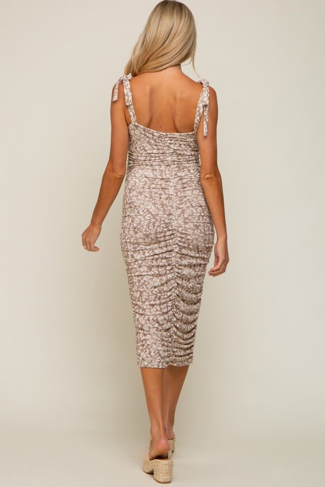 Mocha Animal Print Ruched Shoulder Tie Maternity Midi Dress sold by Pinkblush product image thumbnail 4