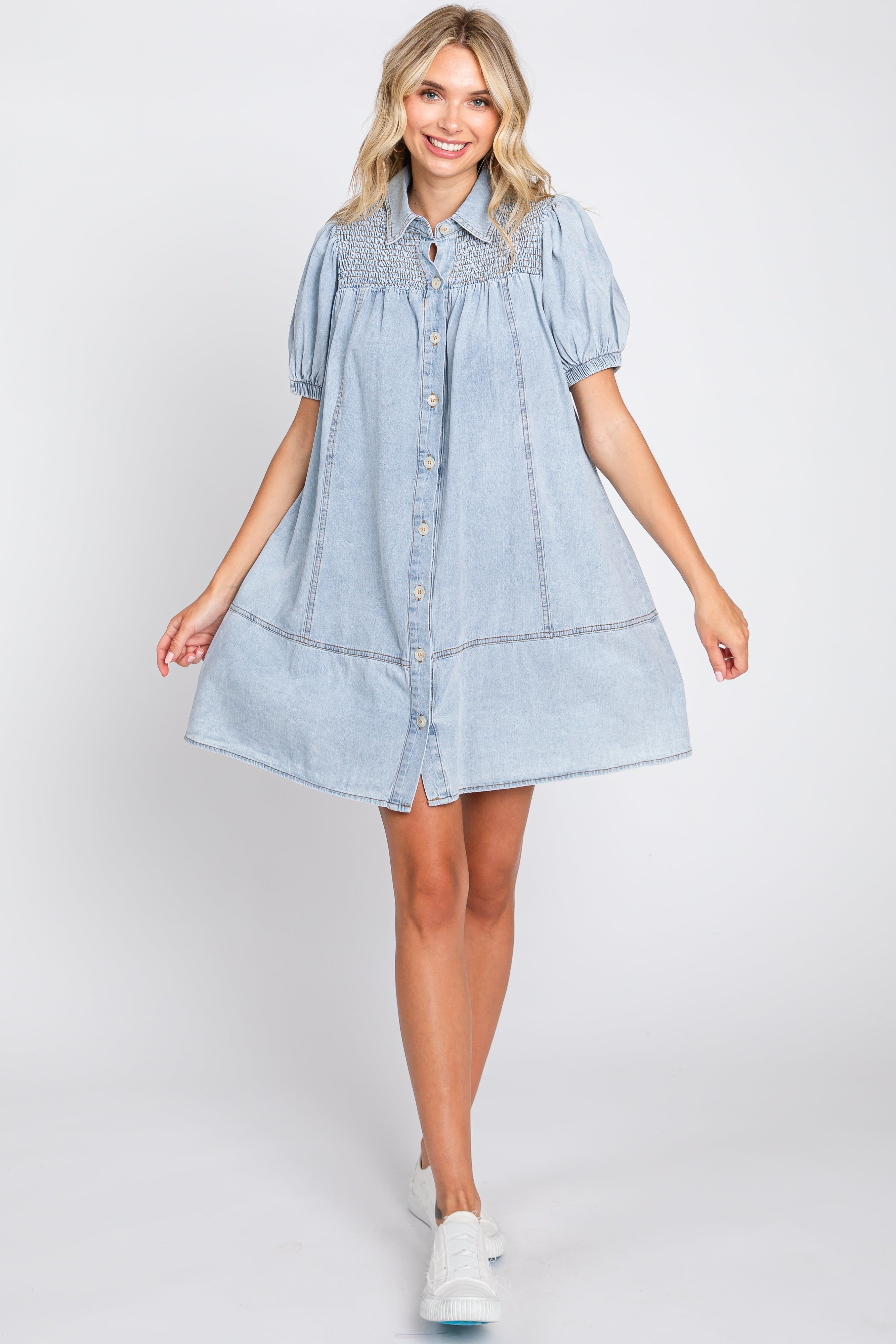 Light Blue Denim Smocked Button Up Dress sold by Pinkblush product image thumbnail 4
