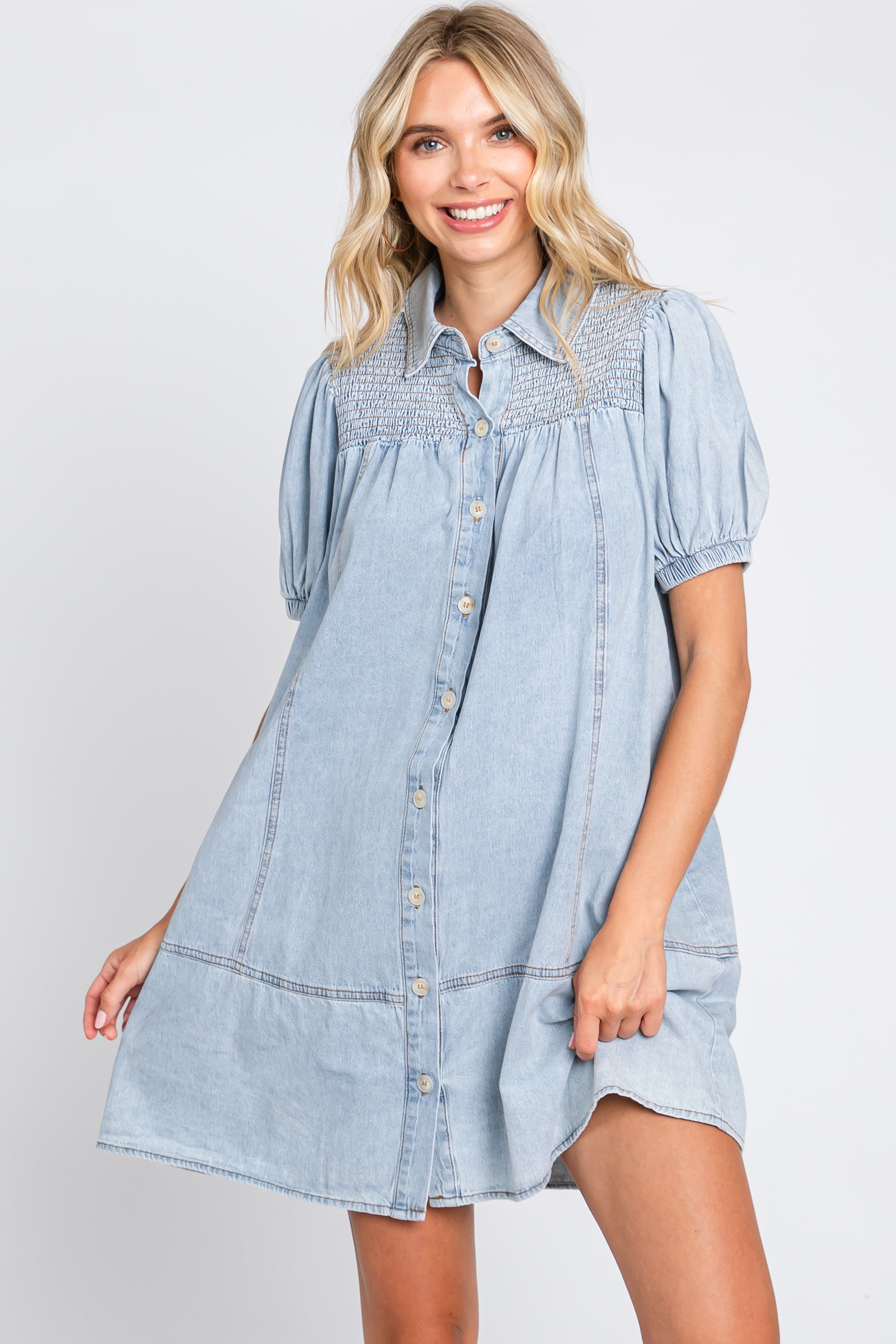 Light Blue Denim Smocked Button Up Dress sold by Pinkblush