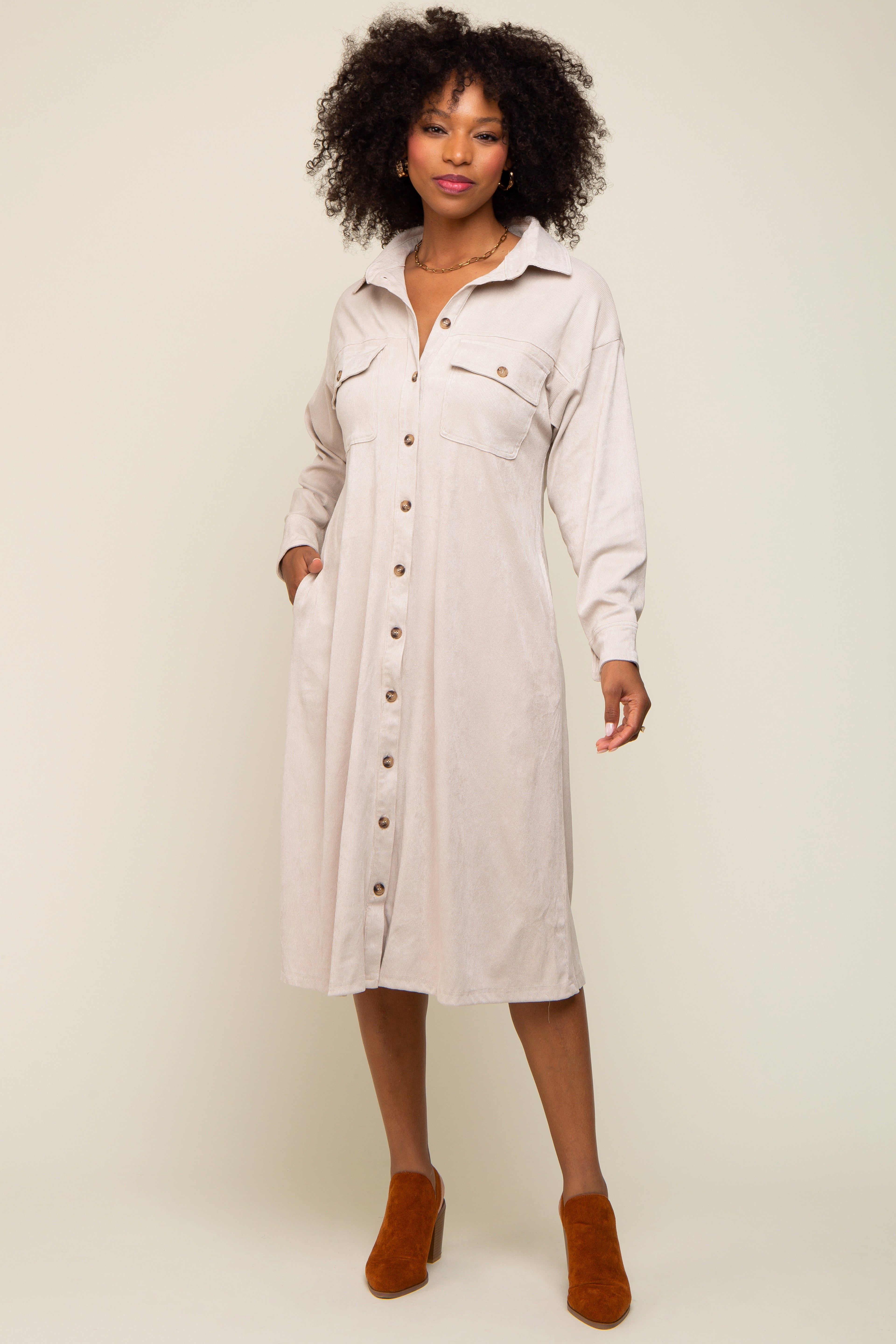 Beige Knit Corduroy Button Down Midi Dress sold by Pinkblush product image thumbnail 4