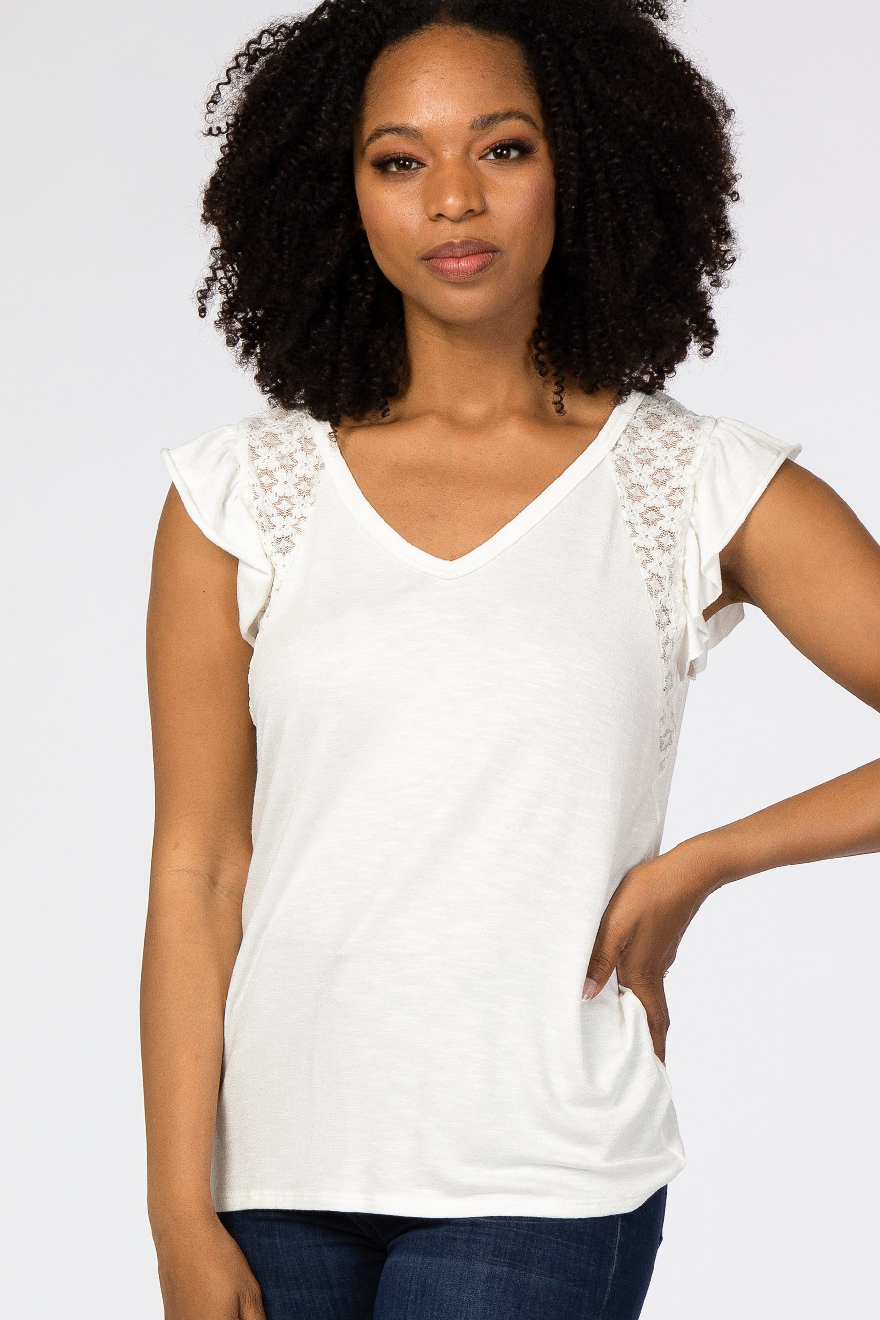 Ivory Lace Inset Ruffle Accent Top sold by Pinkblush