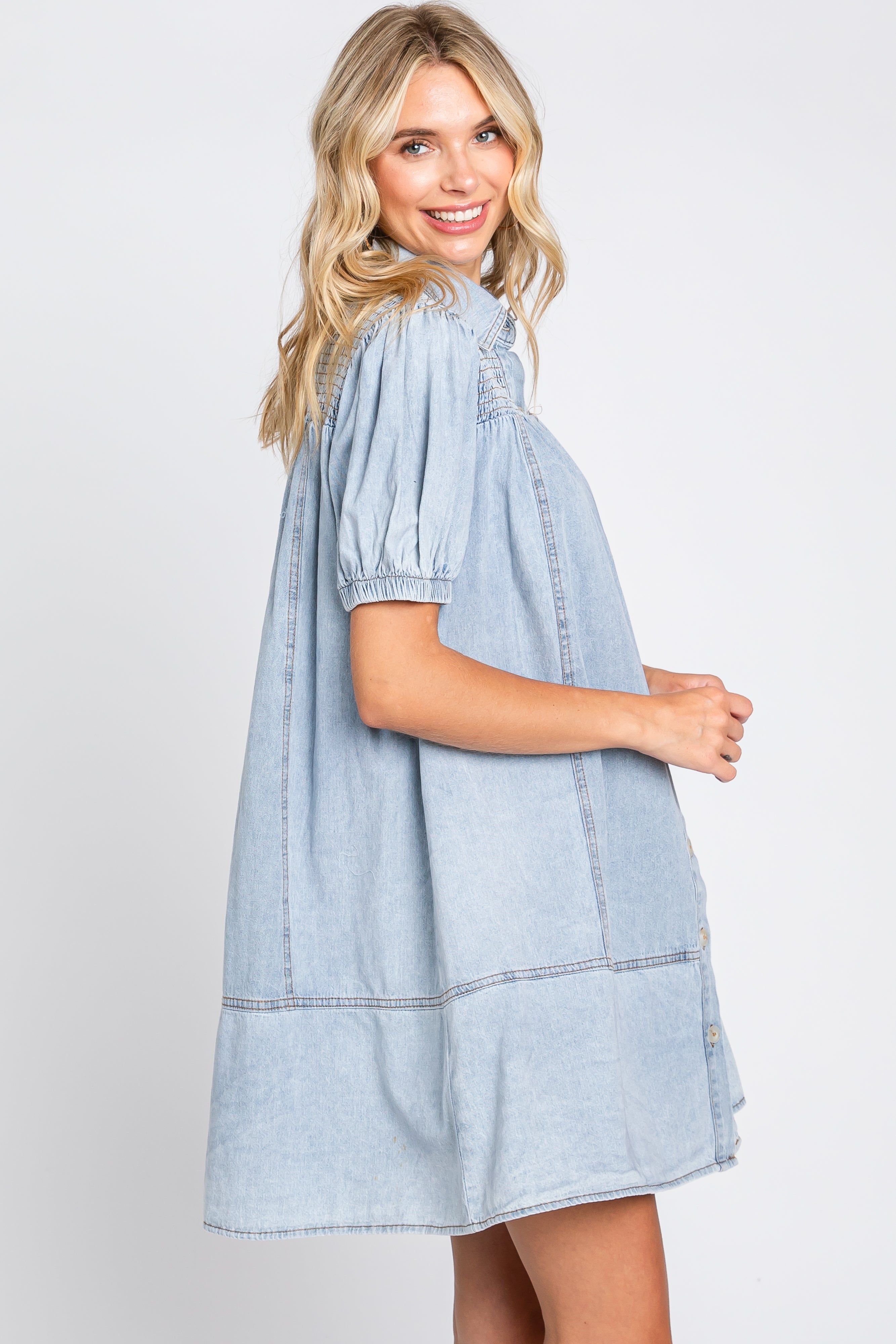 Light Blue Denim Smocked Button Up Dress sold by Pinkblush product image thumbnail 2