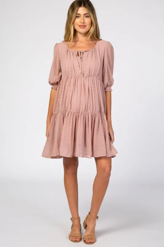 Mauve Chiffon Swiss Dot Tiered Maternity Dress sold by Pinkblush