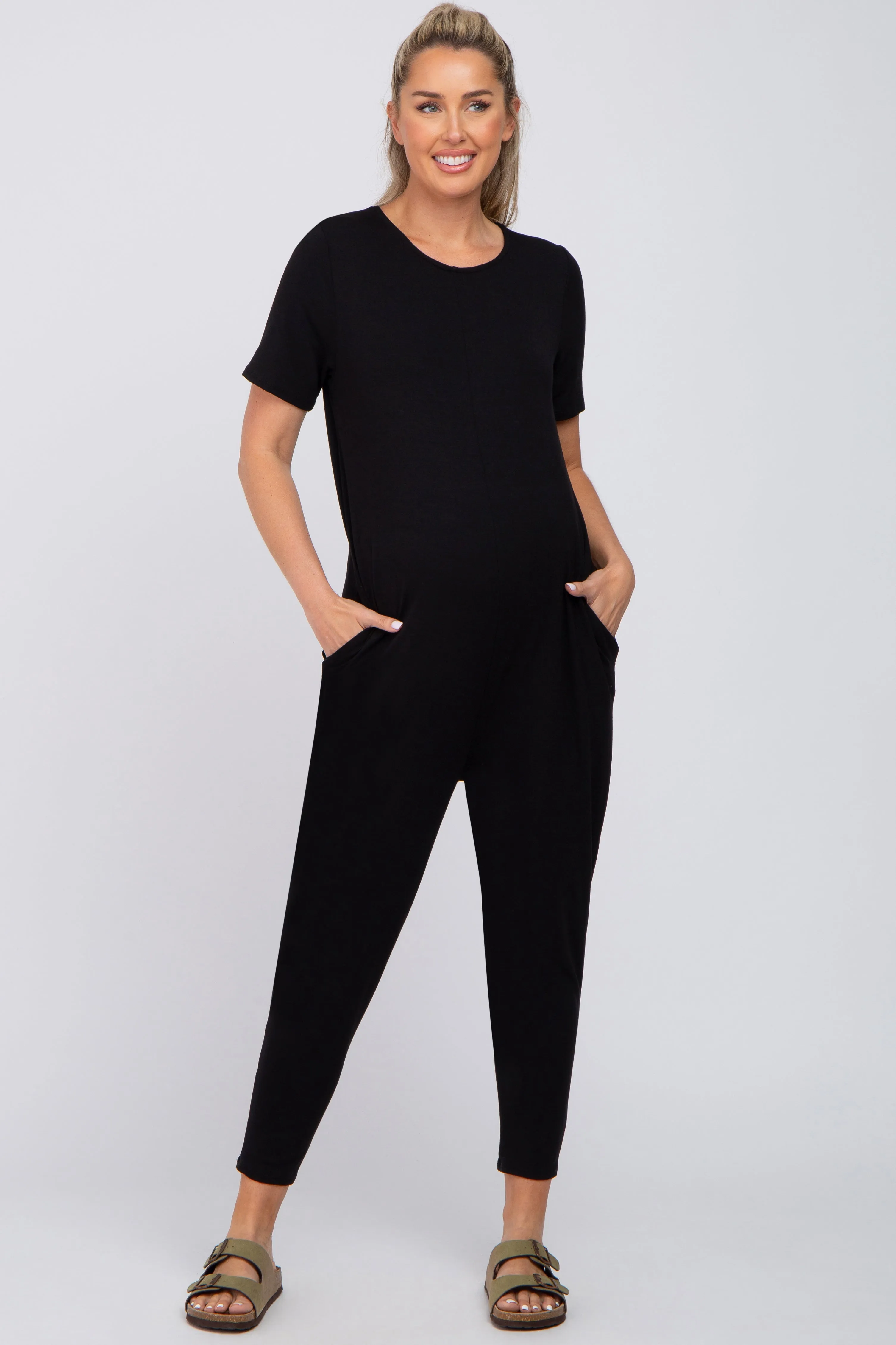 Black Basic Short Sleeve Maternity Jumpsuit sold by Pinkblush product image thumbnail 4