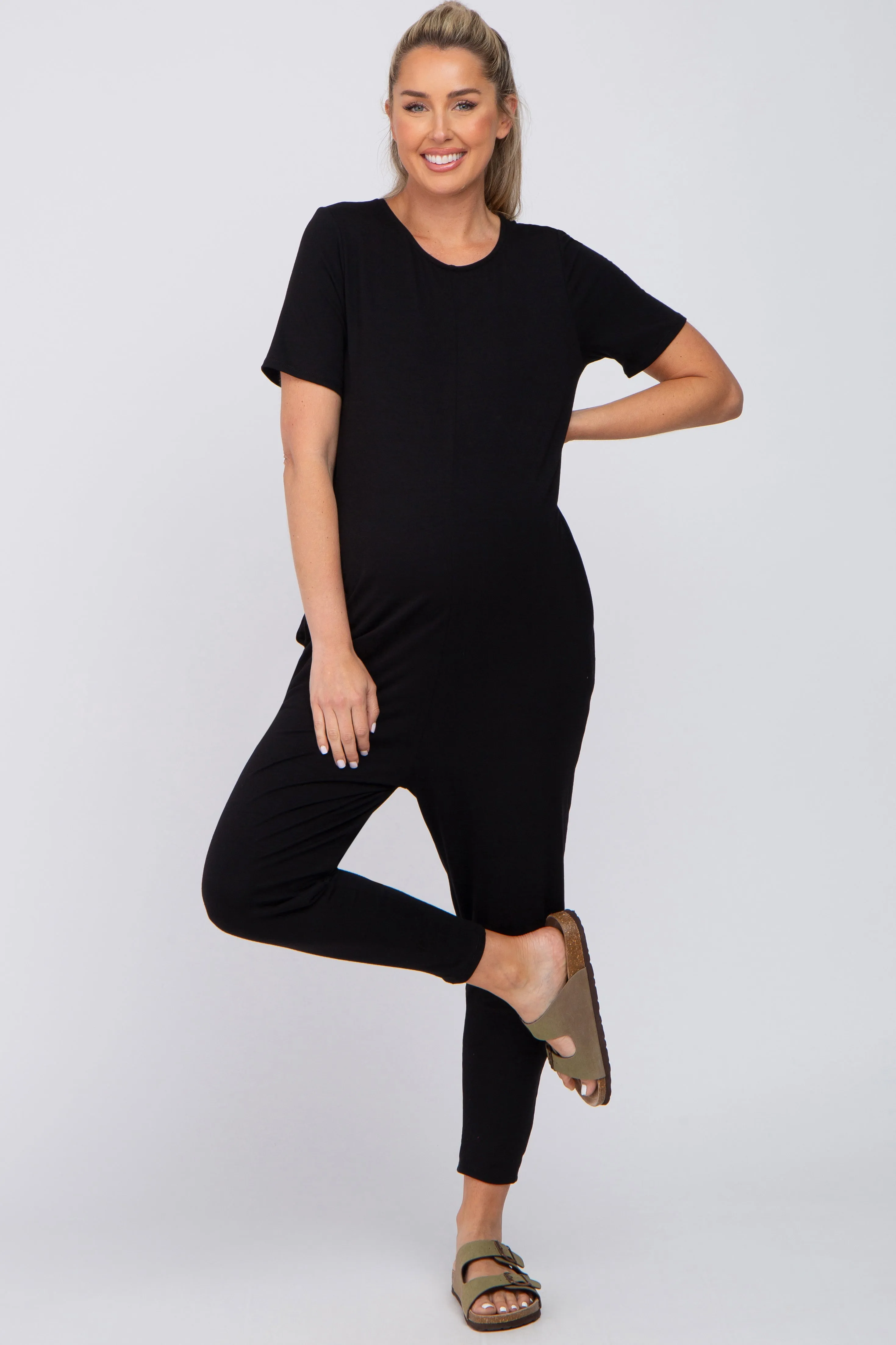 Black Basic Short Sleeve Maternity Jumpsuit sold by Pinkblush