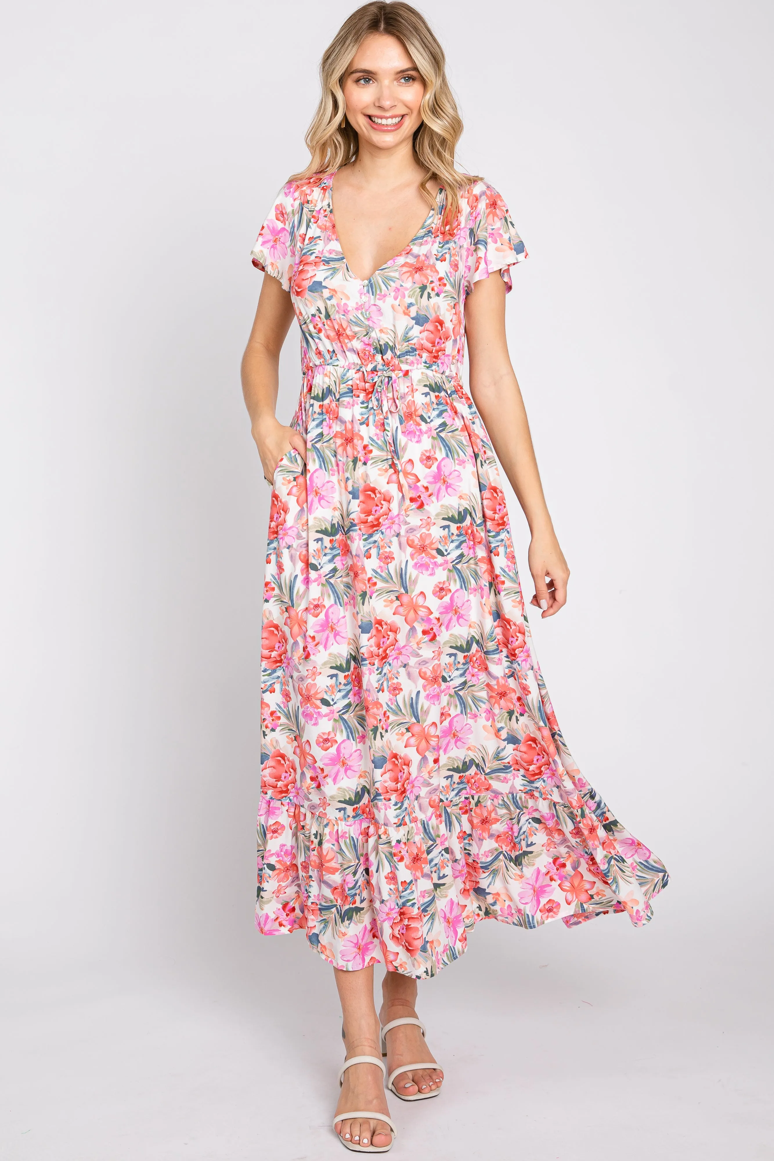Ivory Multi-Color Floral Maxi Dress sold by Pinkblush