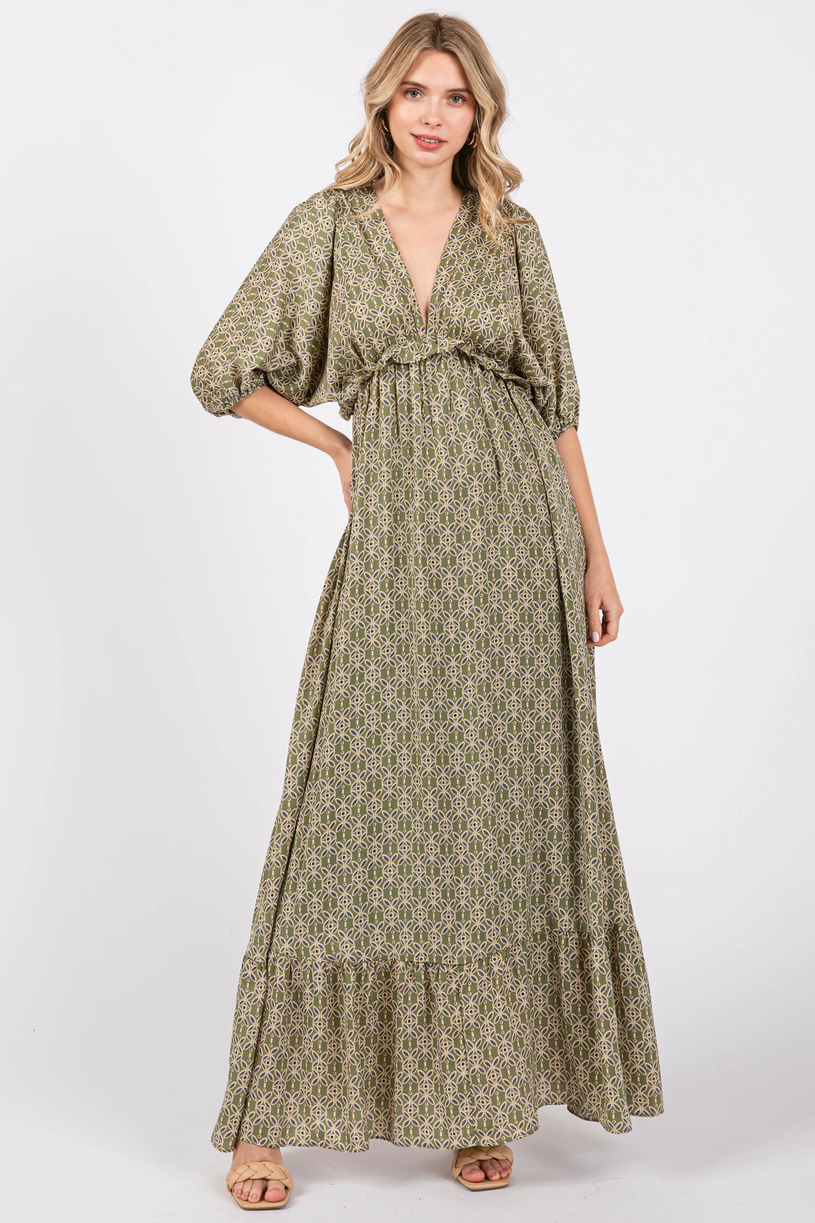 Olive Deep V-Neck Short Puff Sleeve Ruffle Maxi Dress sold by Pinkblush product image thumbnail 2