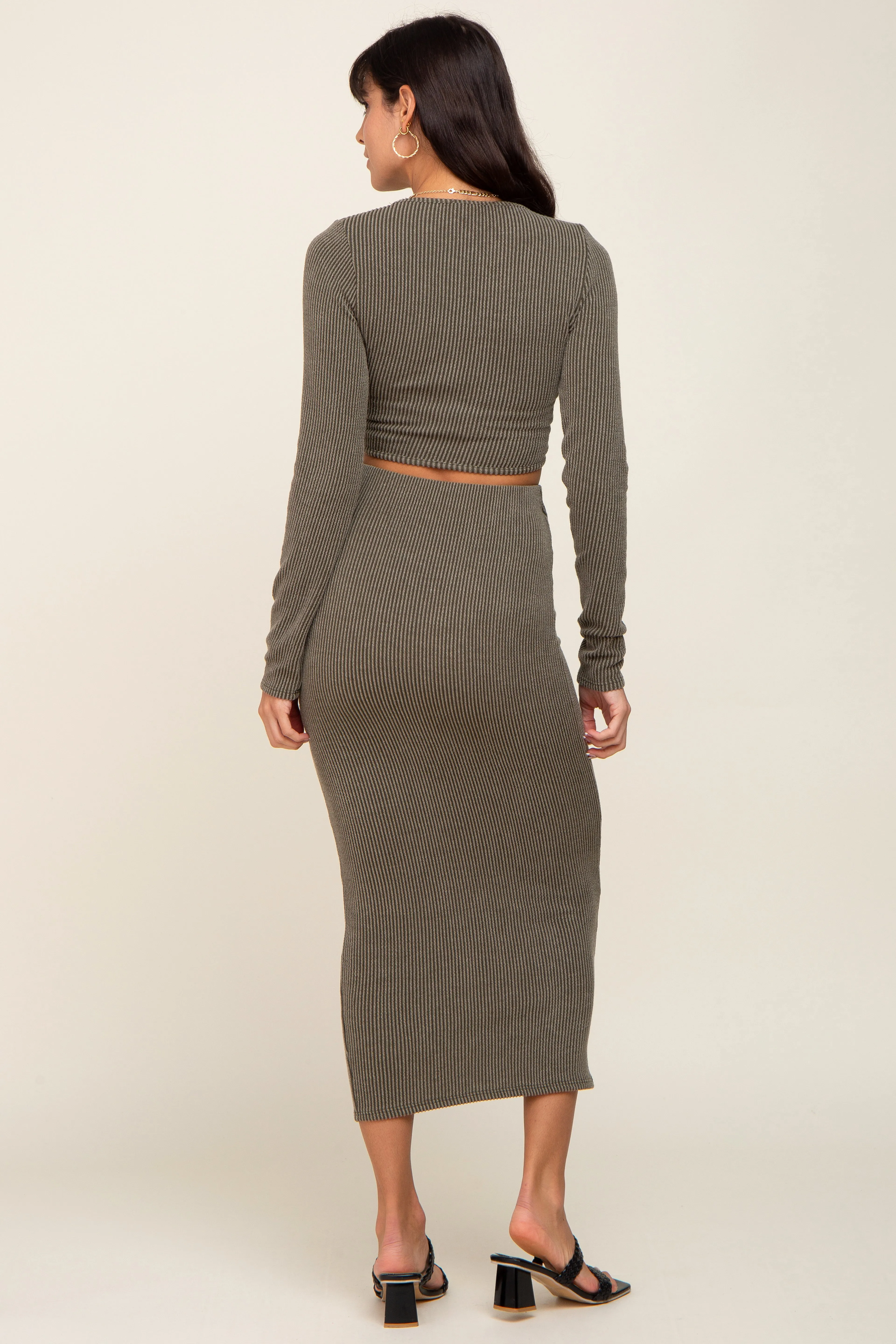 Olive Ribbed Front Cutout Two Piece Skirt Set sold by Pinkblush product image thumbnail 3