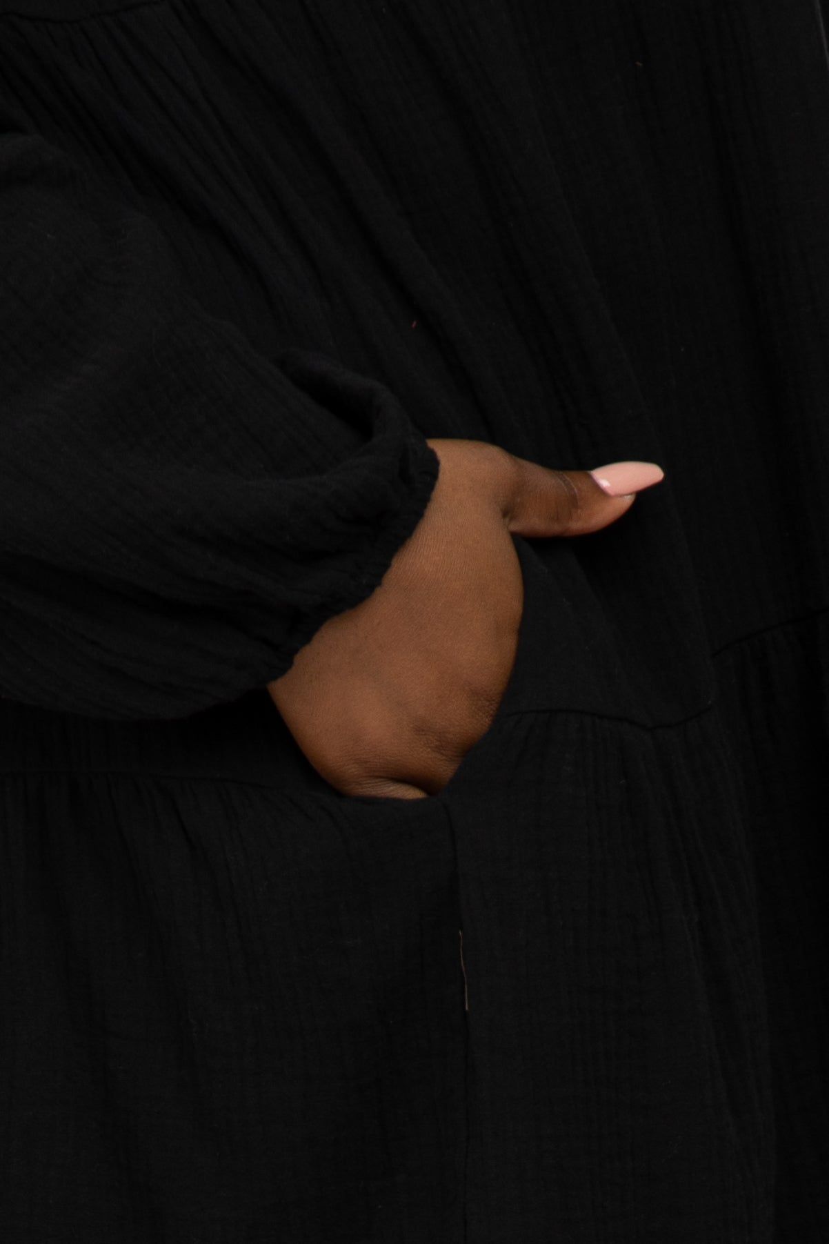 Black Gauze Button Front Tiered Plus Dress sold by Pinkblush product image thumbnail 4