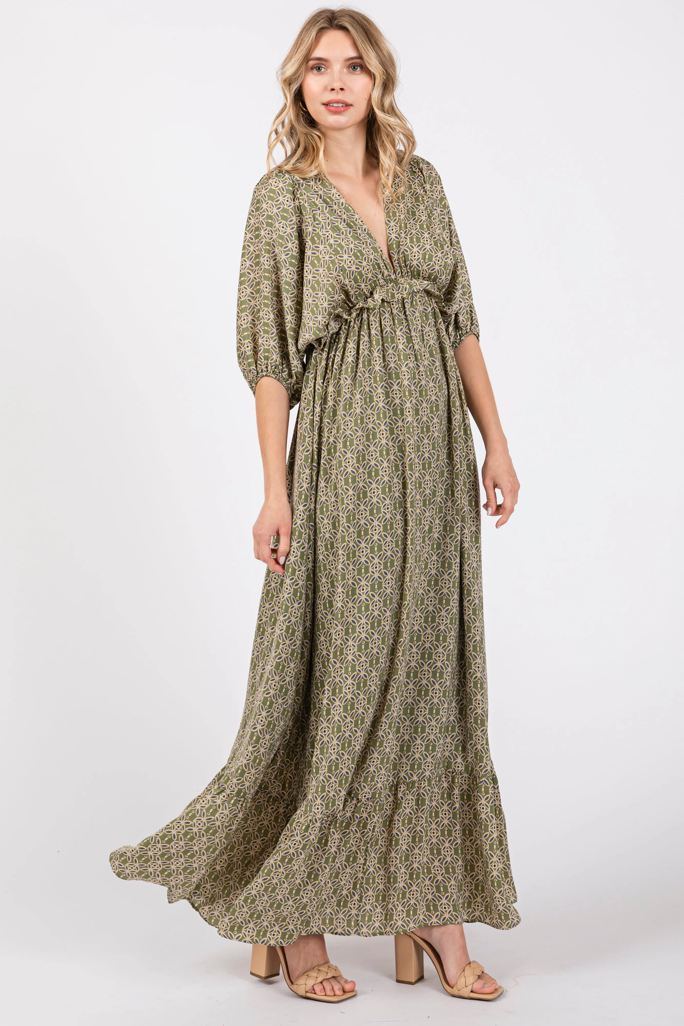 Olive Deep V-Neck Short Puff Sleeve Ruffle Maxi Dress sold by Pinkblush product image thumbnail 3