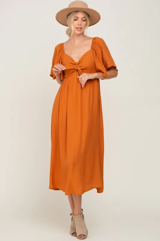 Rust Front Tie Ruffle Sleeve Midi Dress sold by Pinkblush
