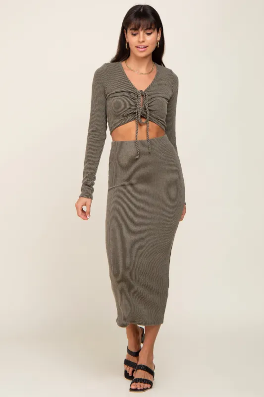 Olive Ribbed Front Cutout Two Piece Skirt Set sold by Pinkblush