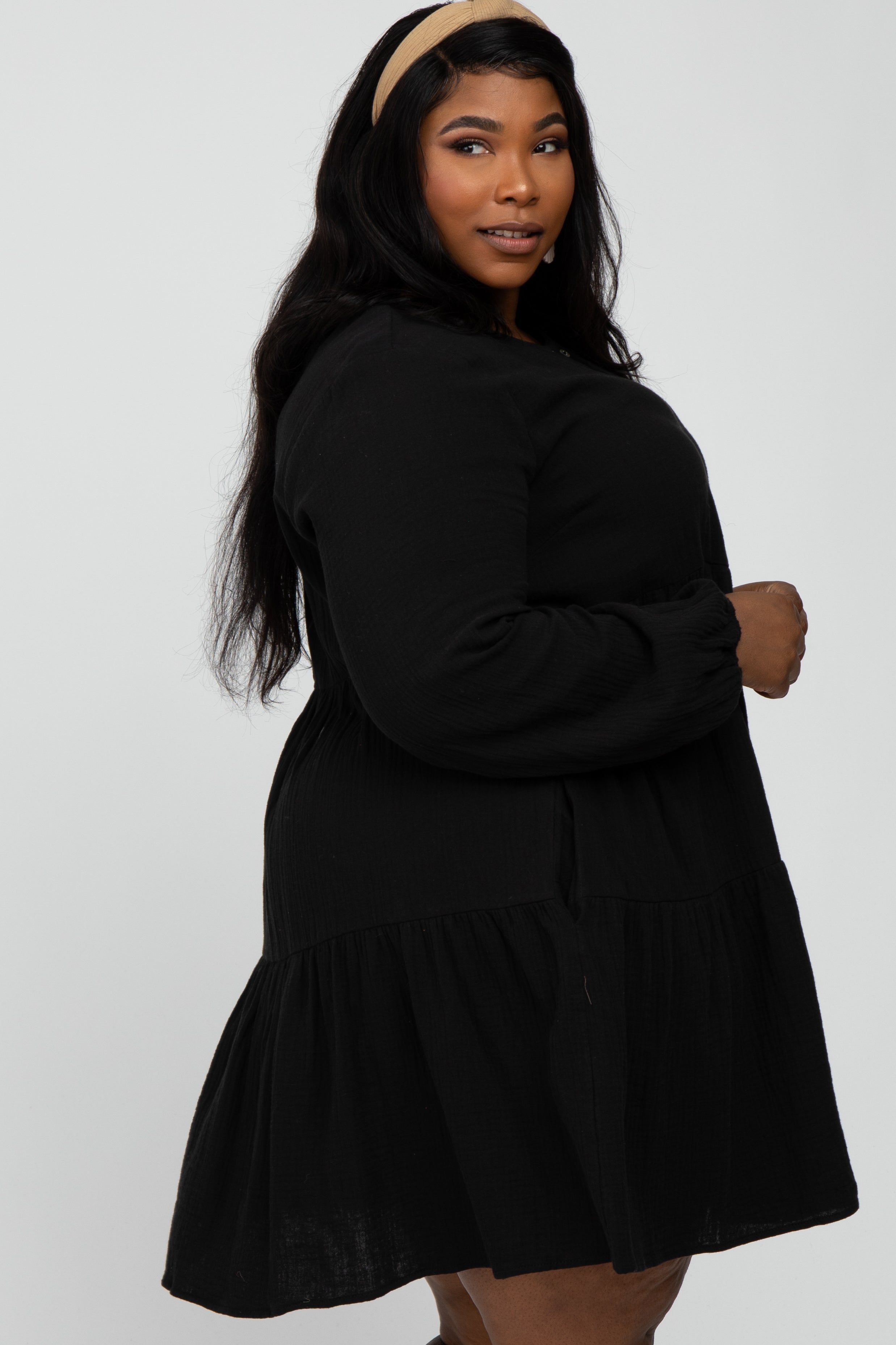 Black Gauze Button Front Tiered Plus Dress sold by Pinkblush product image thumbnail 2