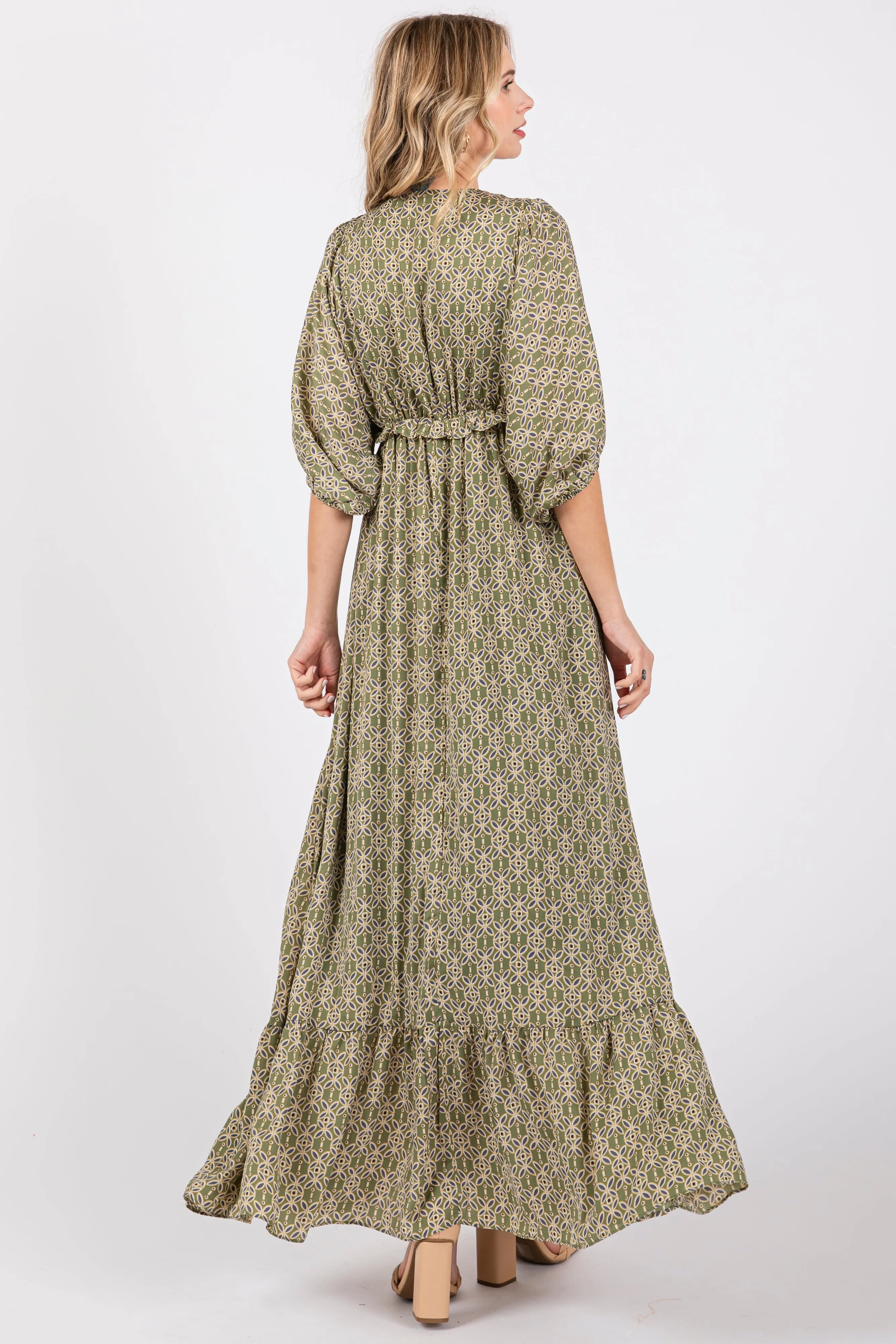 Olive Deep V-Neck Short Puff Sleeve Ruffle Maxi Dress sold by Pinkblush product image thumbnail 4