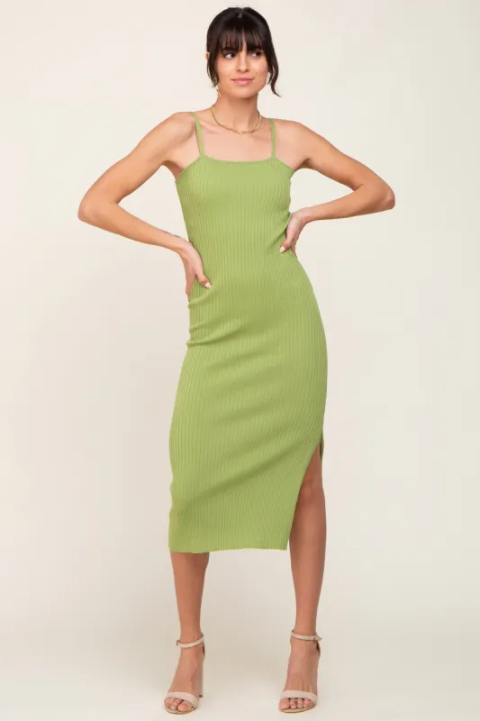 Light Olive Ribbed Knit Side Slit Midi Dress sold by Pinkblush
