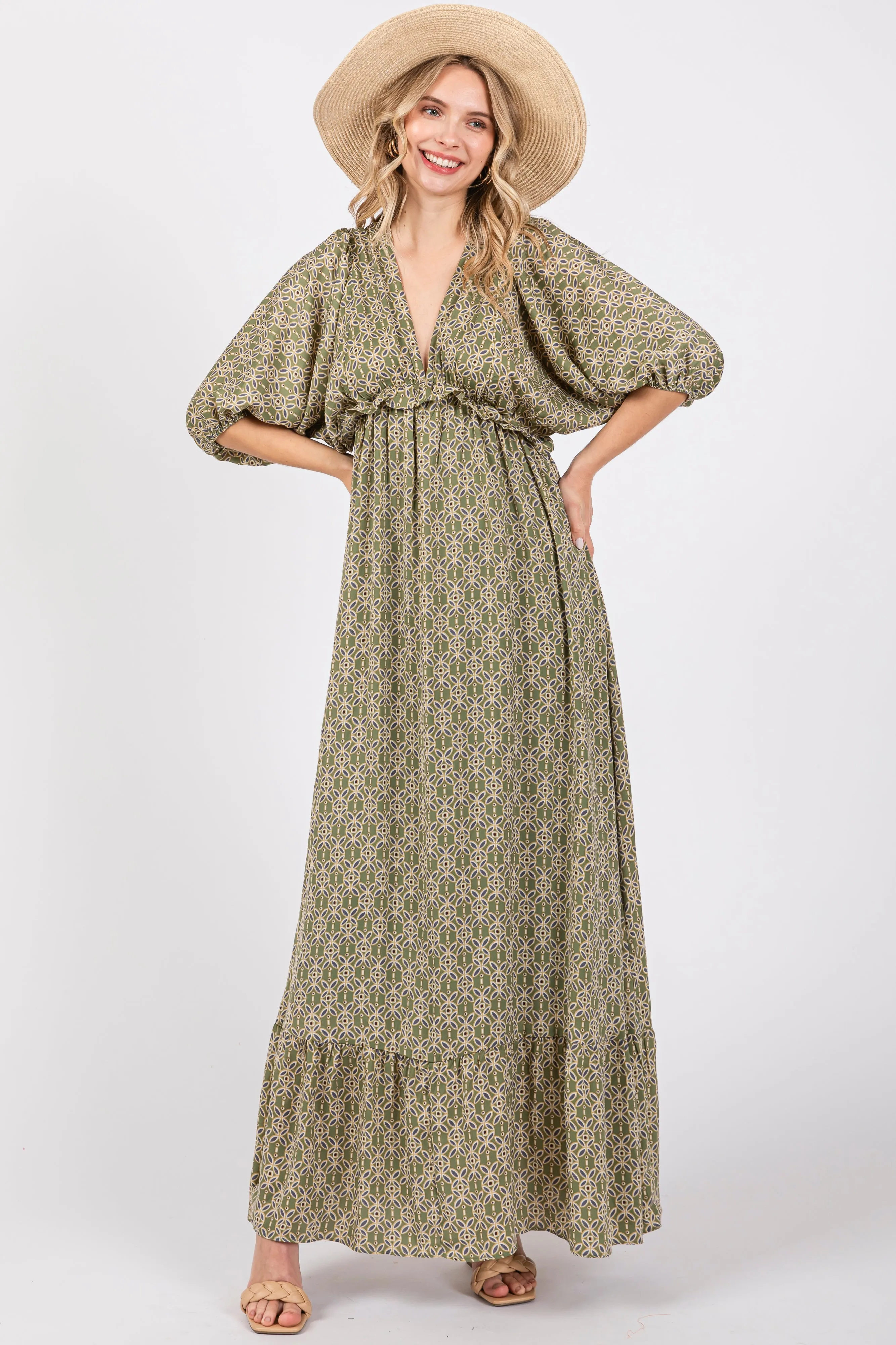 Olive Deep V-Neck Short Puff Sleeve Ruffle Maxi Dress sold by Pinkblush