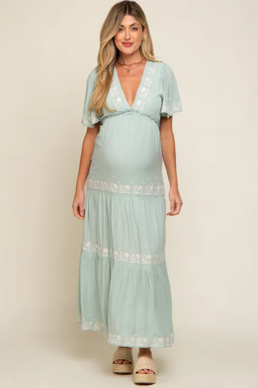 Mint Green Floral Embroidered Tiered Maternity Maxi Dress sold by Pinkblush