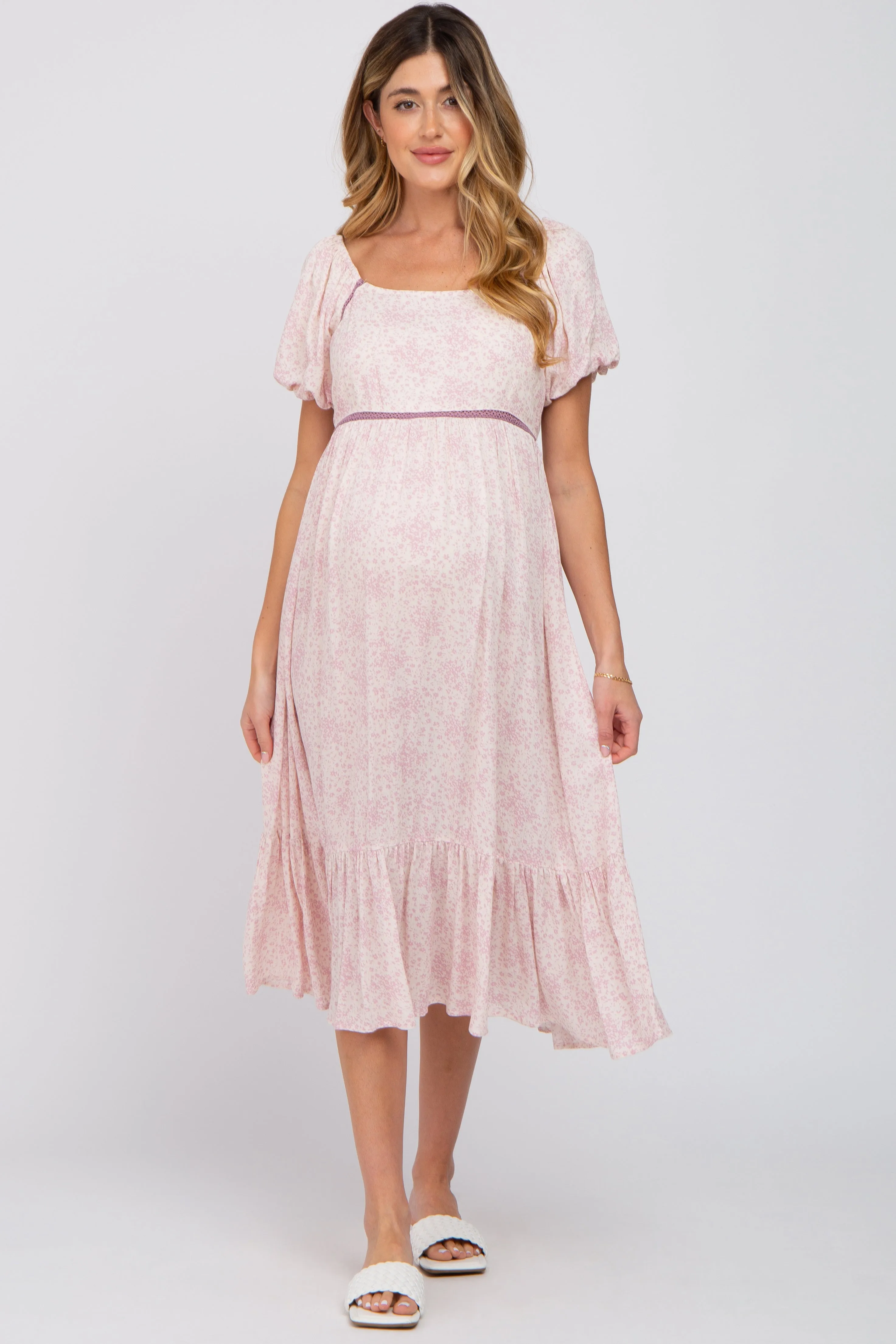 Pink Floral Crochet Accent Maternity Midi Dress sold by Pinkblush product image thumbnail 4