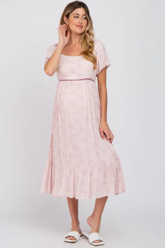 Pink Floral Crochet Accent Maternity Midi Dress sold by Pinkblush