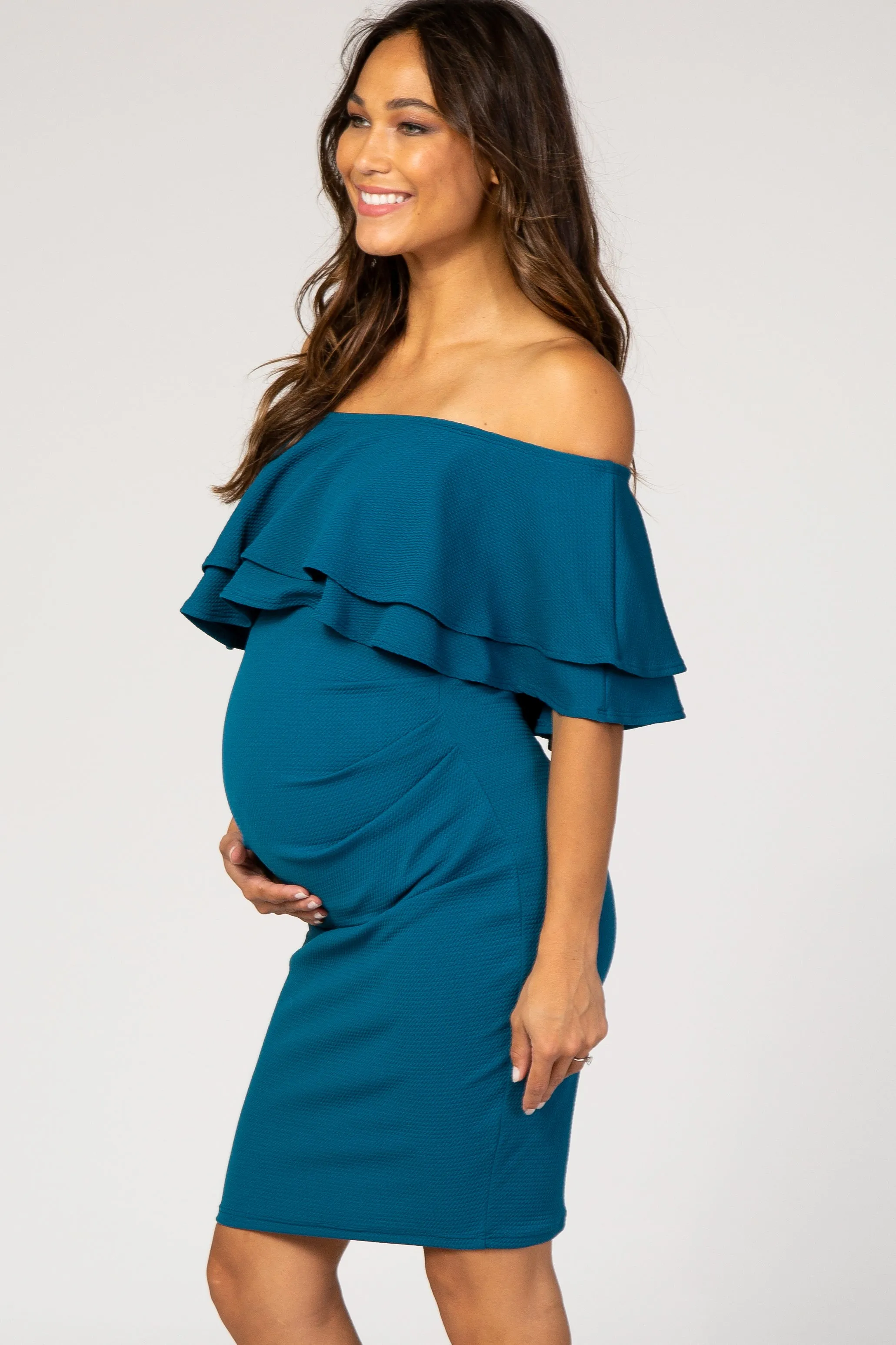 PinkBlush Teal Ruffle Off Shoulder Ruched Maternity Dress sold by Pinkblush product image thumbnail 3
