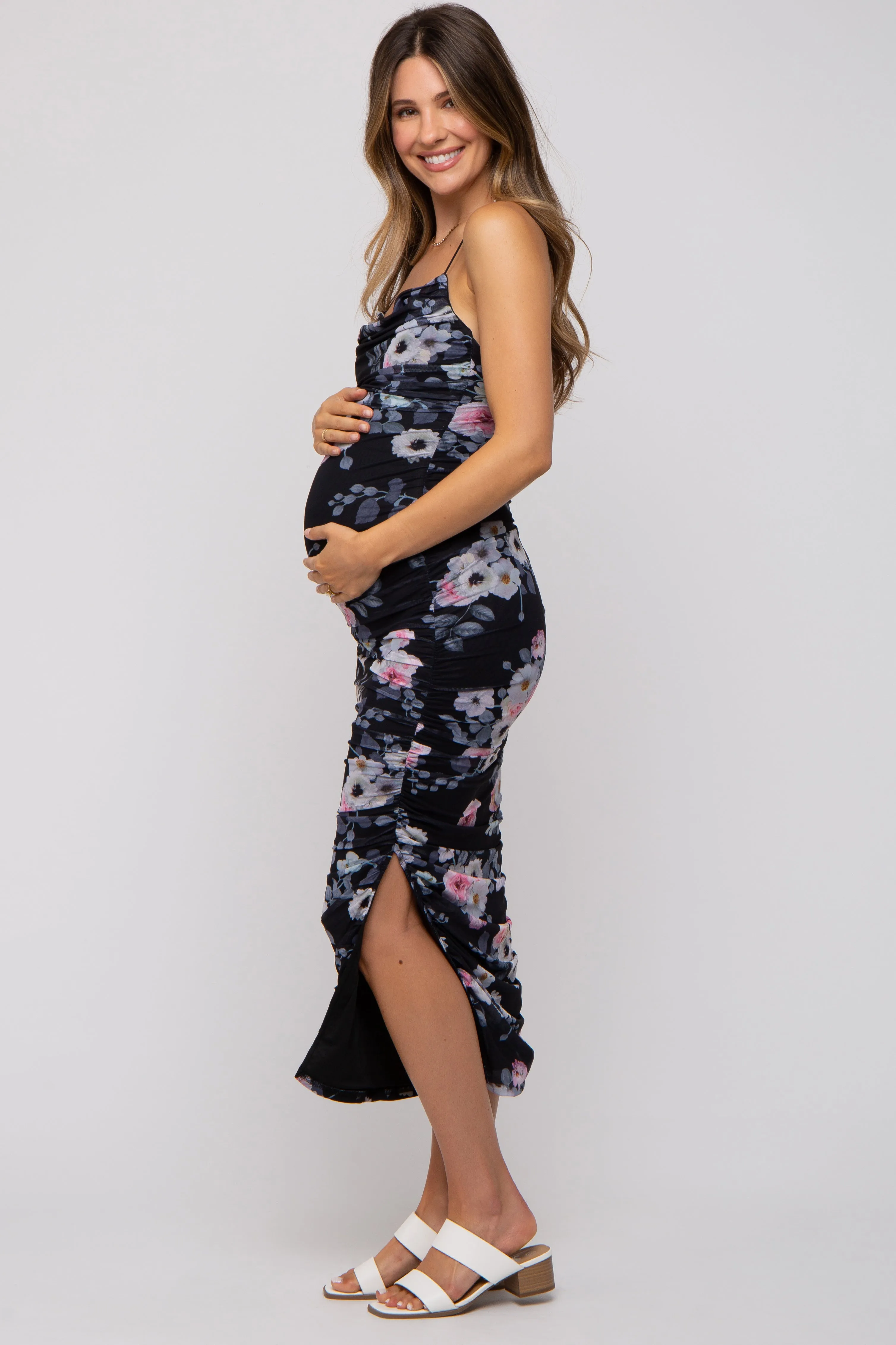 Black Floral Mesh Ruched Criss Cross Back Maternity Midi Dress sold by Pinkblush product image thumbnail 3