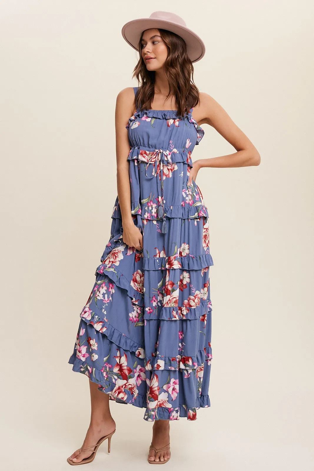 Blue Floral Sleeveless Tiered Maternity Maxi Dress sold by Pinkblush product image thumbnail 4