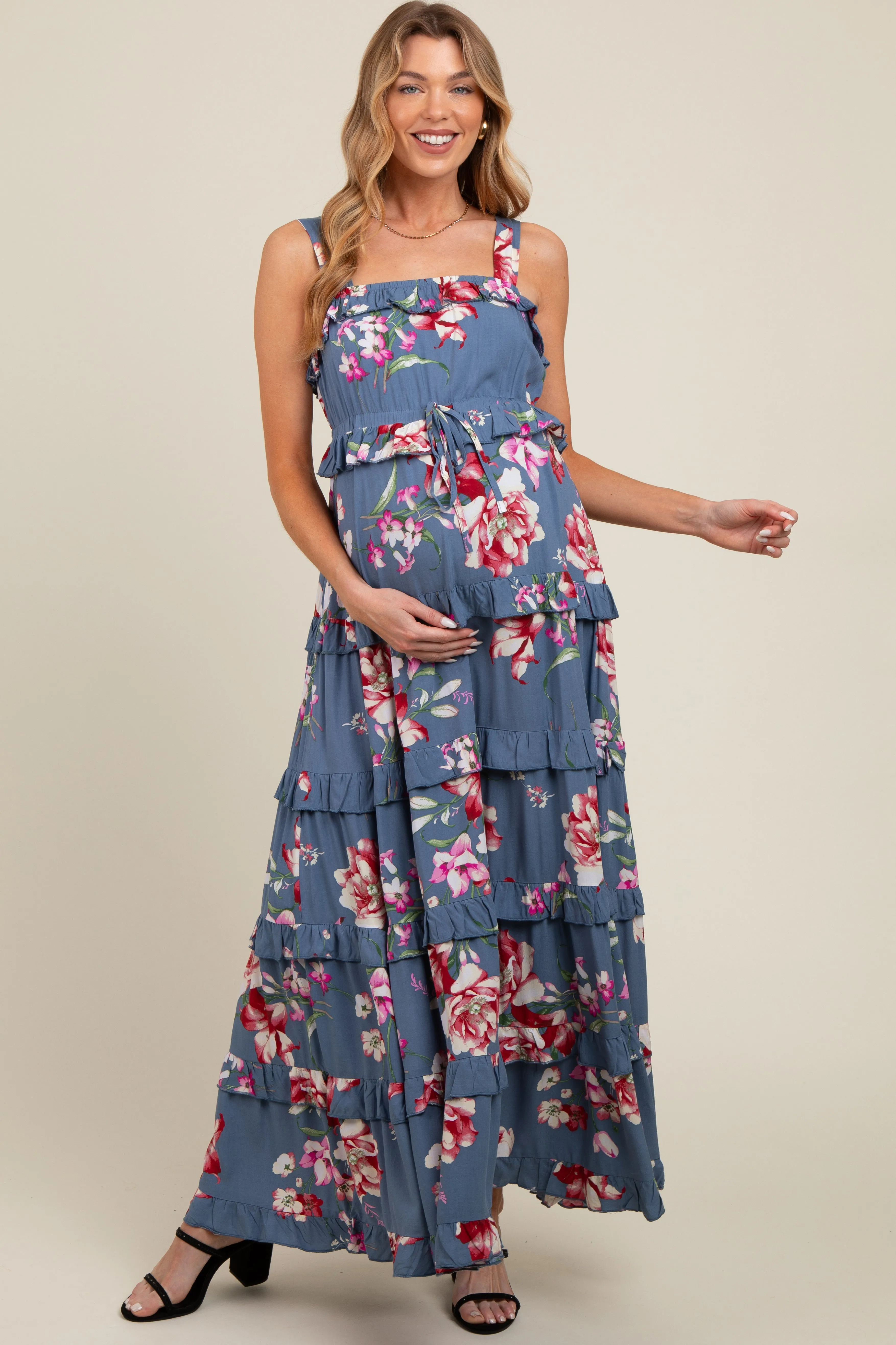 Blue Floral Sleeveless Tiered Maternity Maxi Dress sold by Pinkblush