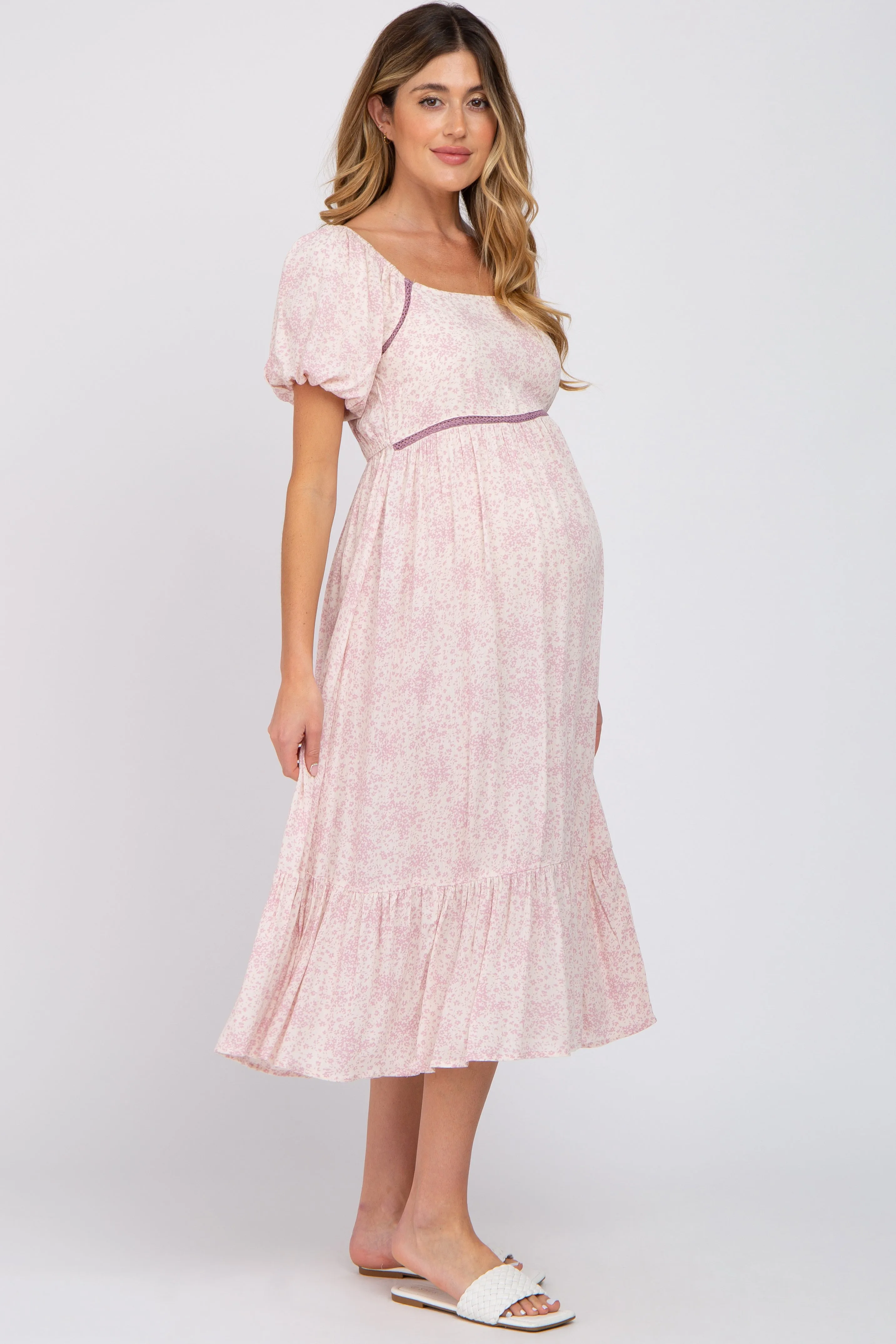 Pink Floral Crochet Accent Maternity Midi Dress sold by Pinkblush product image thumbnail 2