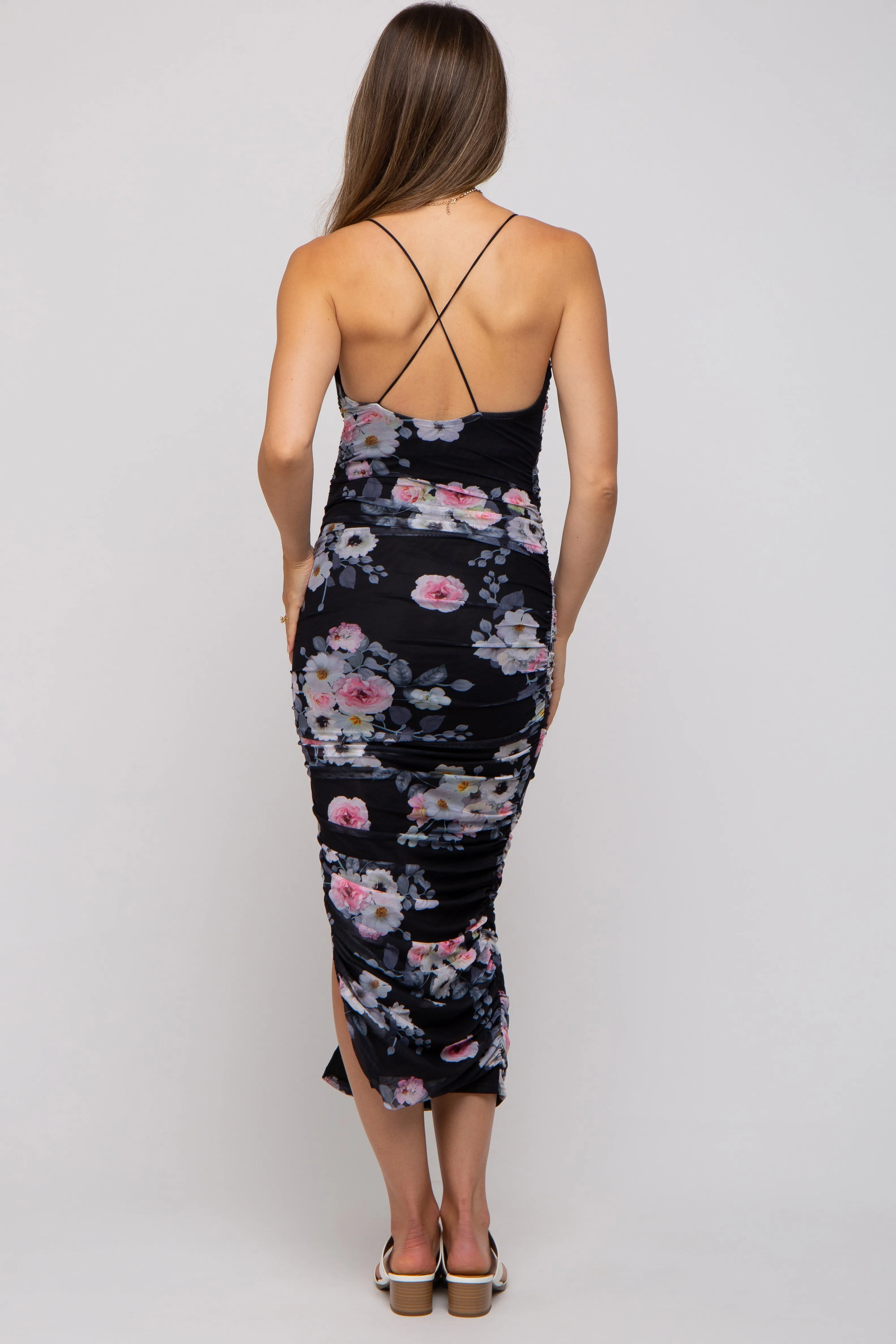 Black Floral Mesh Ruched Criss Cross Back Maternity Midi Dress sold by Pinkblush product image thumbnail 4