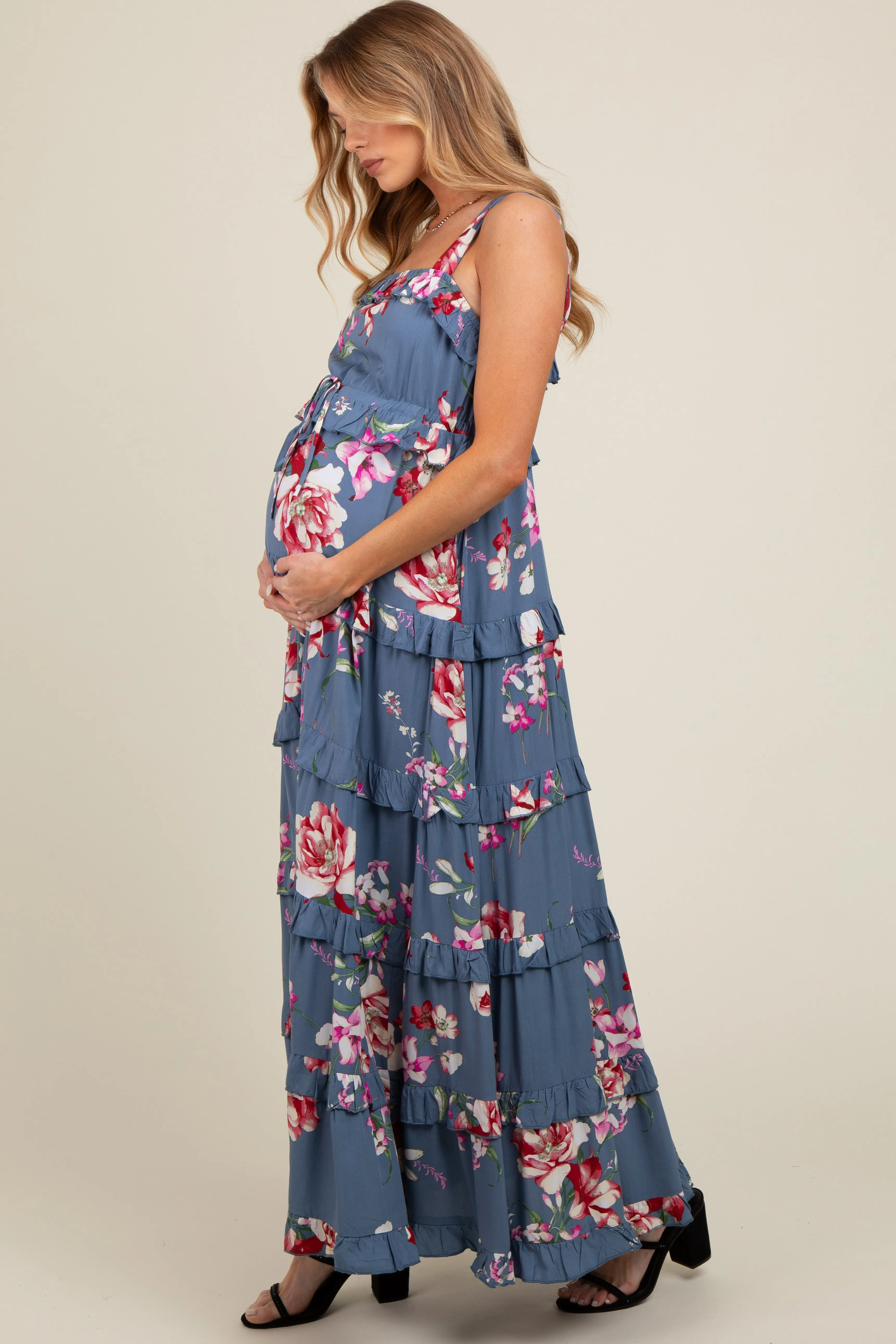 Blue Floral Sleeveless Tiered Maternity Maxi Dress sold by Pinkblush product image thumbnail 2