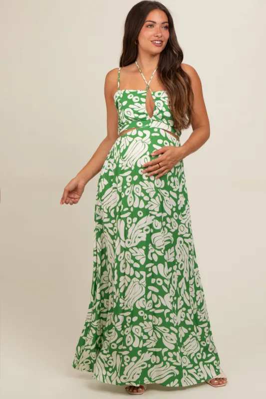 Green Printed Halter Cut-Out Maternity Maxi Dress sold by Pinkblush