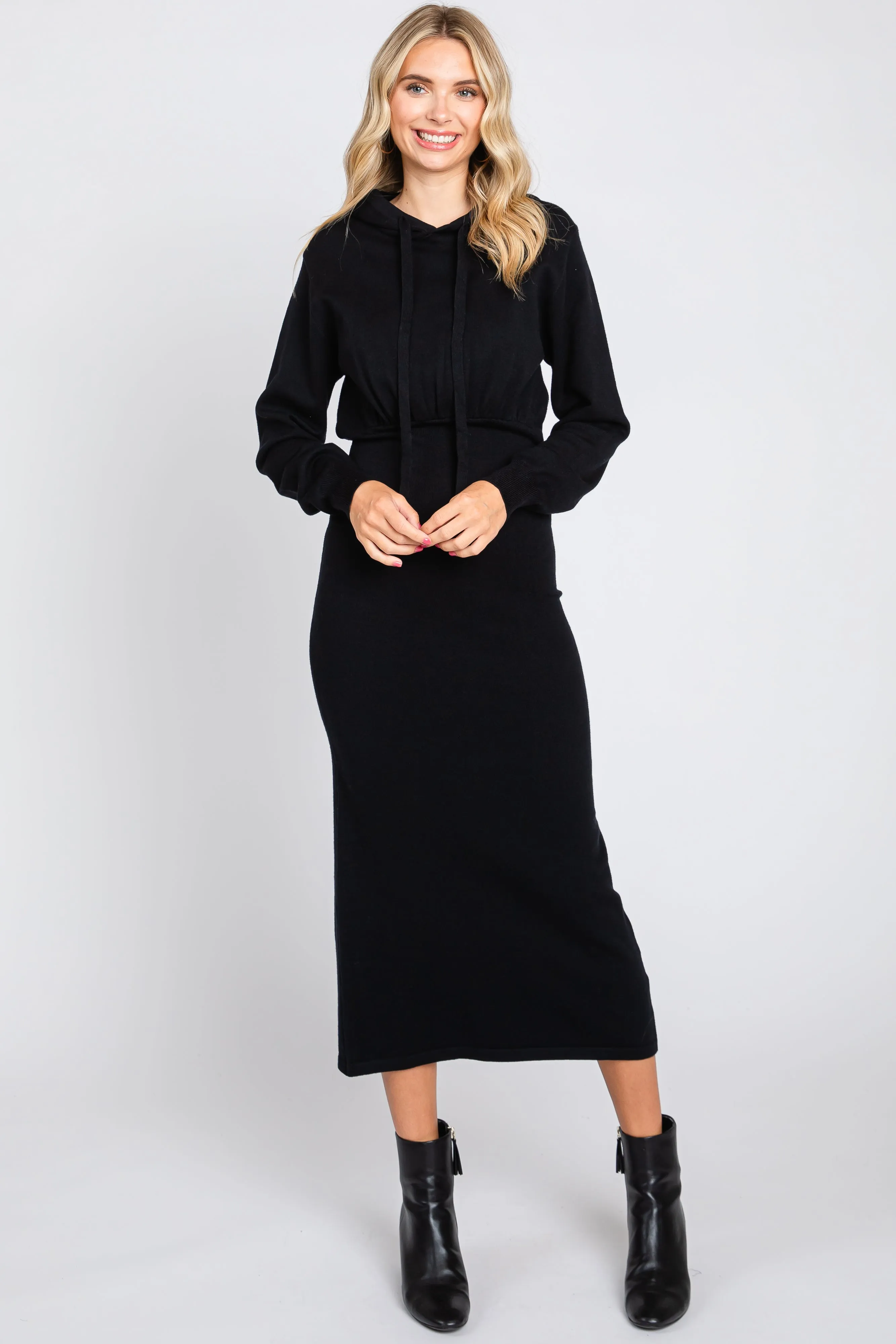 Black Knit Hooded Long Sleeve Dress sold by Pinkblush