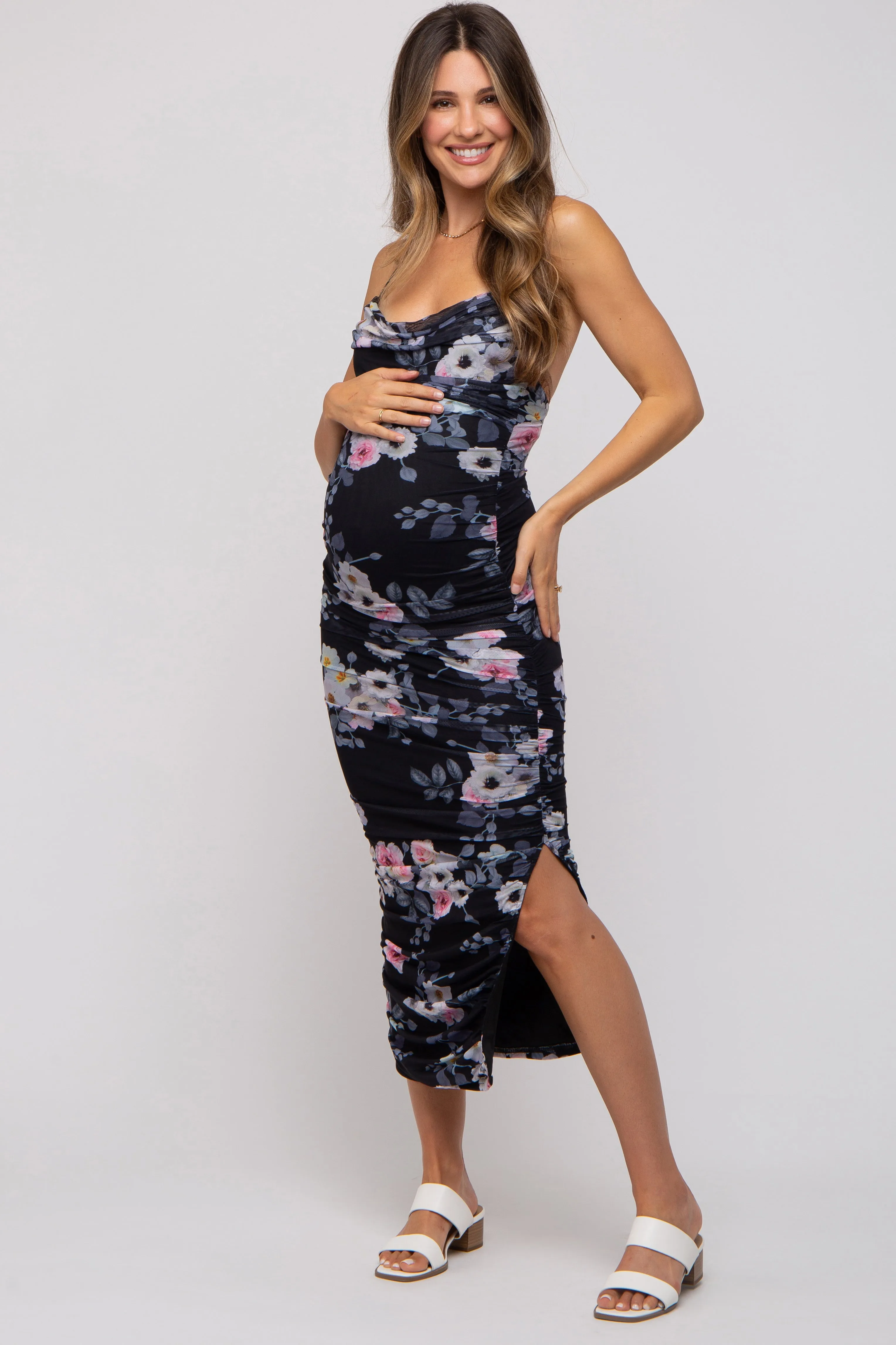 Black Floral Mesh Ruched Criss Cross Back Maternity Midi Dress sold by Pinkblush product image thumbnail 2