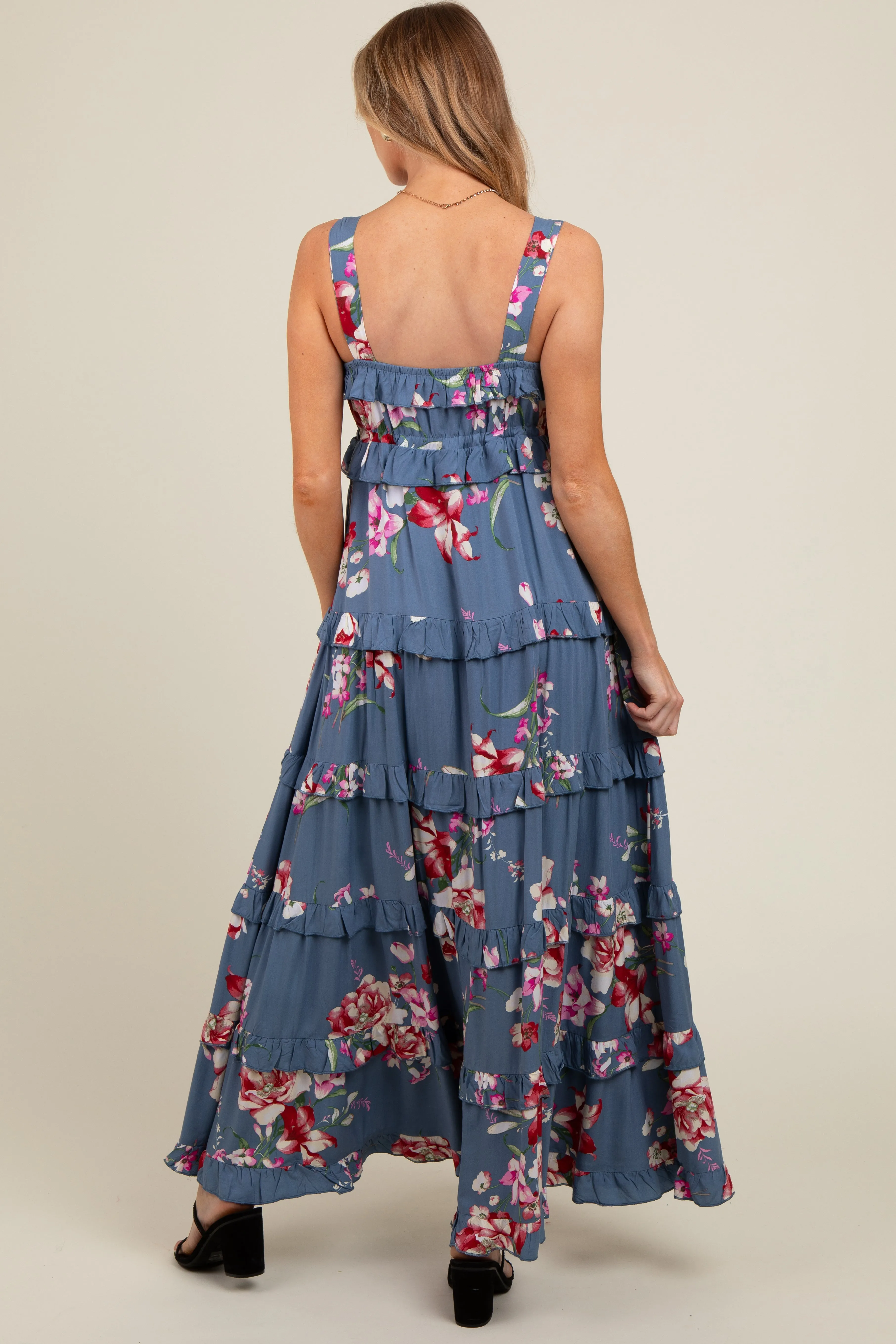 Blue Floral Sleeveless Tiered Maternity Maxi Dress sold by Pinkblush product image thumbnail 3