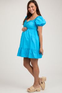 Aqua Puff Sleeve Ruffle Accent Maternity Mini Dress sold by Pinkblush