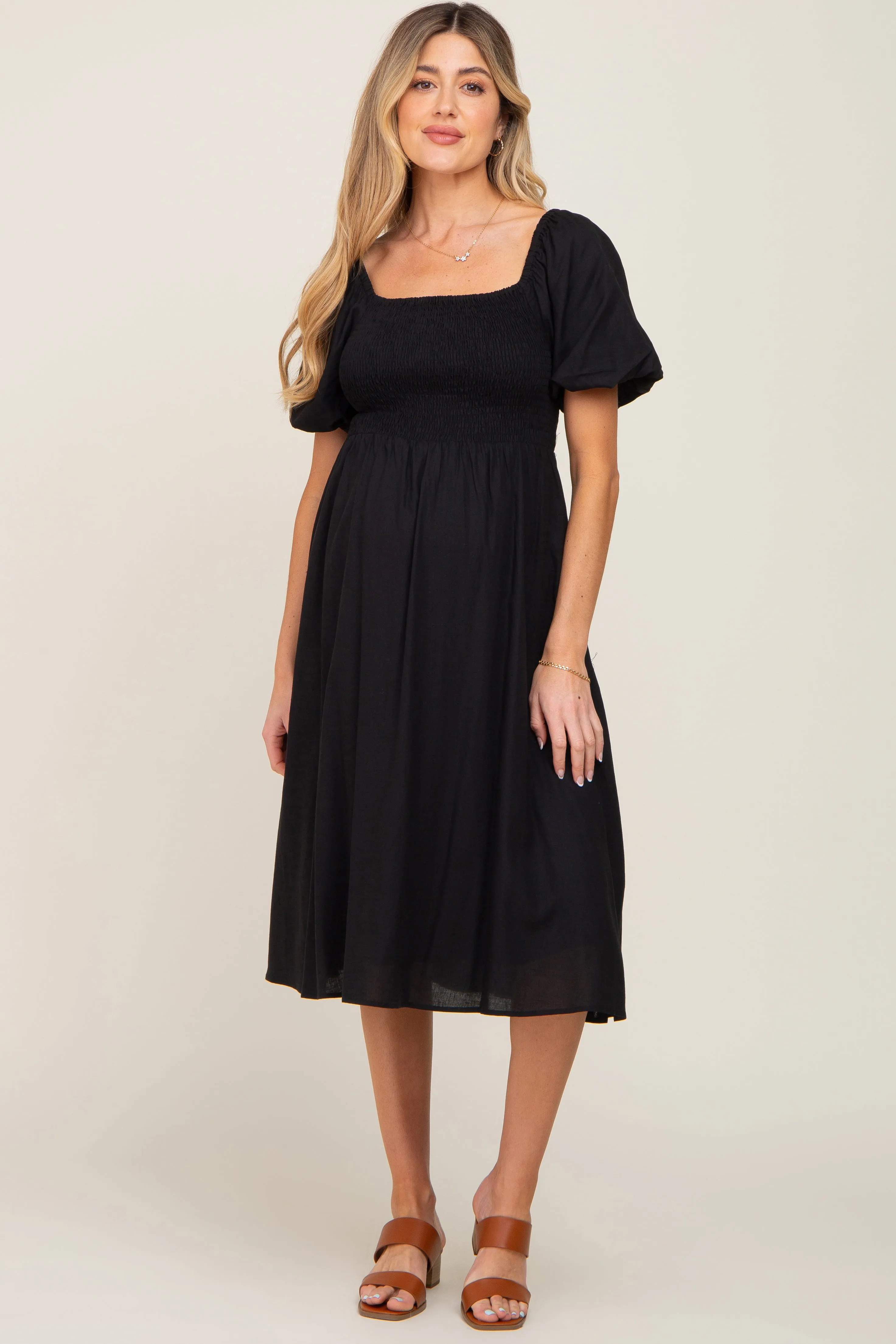 Black Smocked Puff Sleeve Maternity Midi Dress sold by Pinkblush product image thumbnail 4