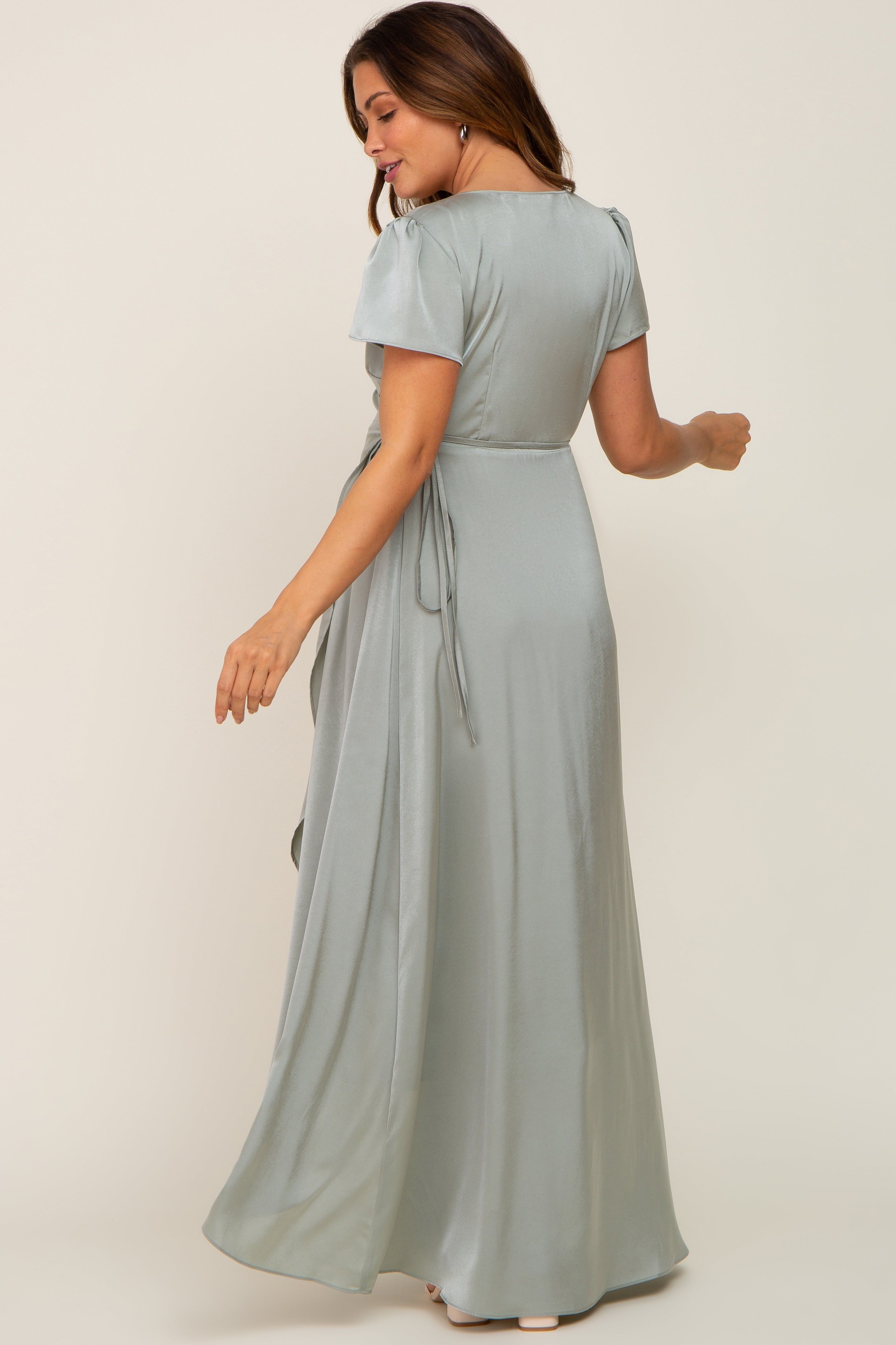 Sage Satin Hi-Lo Maternity Maxi Wrap Dress sold by Pinkblush product image thumbnail 3