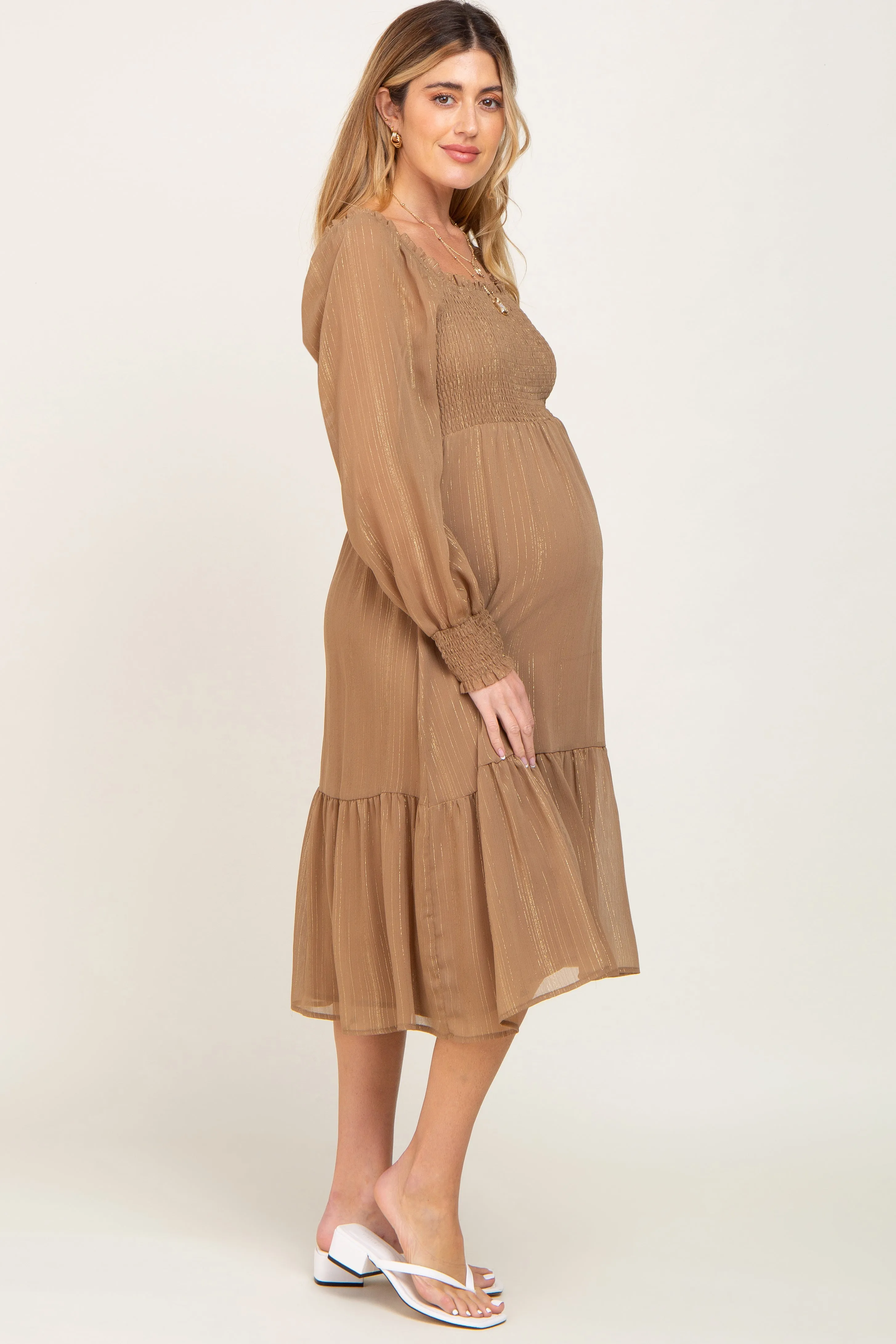 Mocha Shimmer Smocked Long Sleeve Maternity Dress sold by Pinkblush product image thumbnail 2