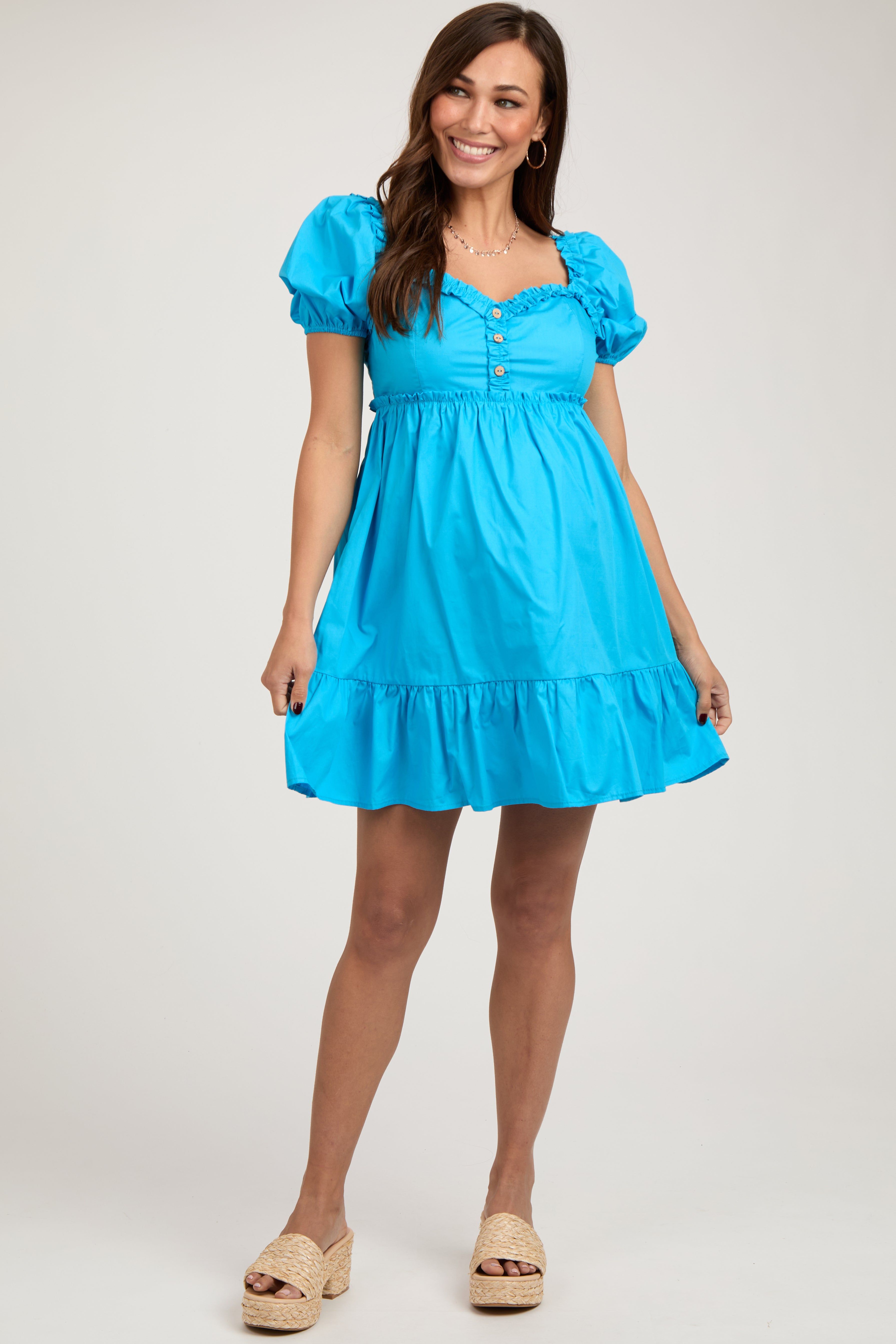 Aqua Puff Sleeve Ruffle Accent Maternity Mini Dress sold by Pinkblush