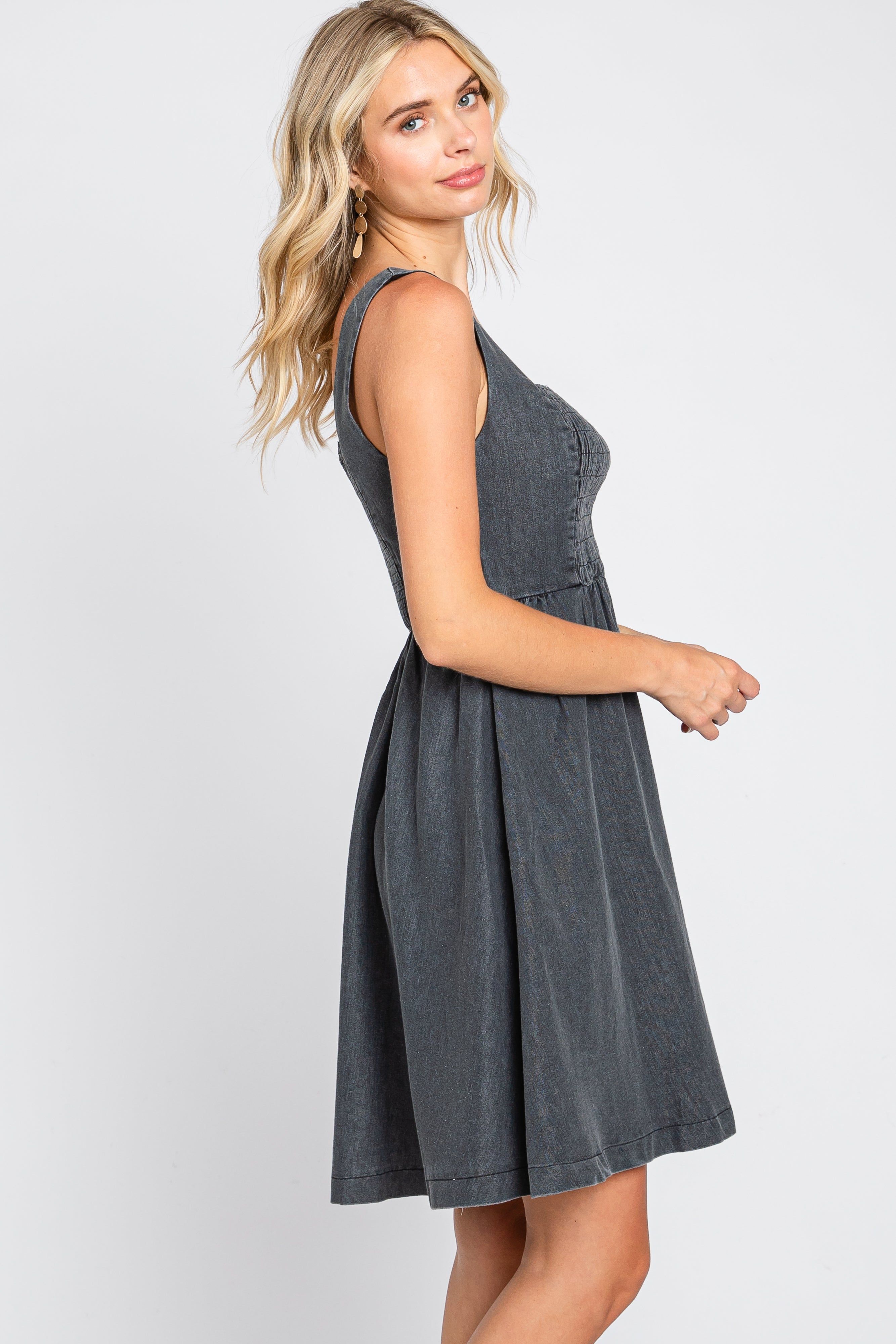 Black Smocked Square Neck Denim Dress sold by Pinkblush product image thumbnail 2
