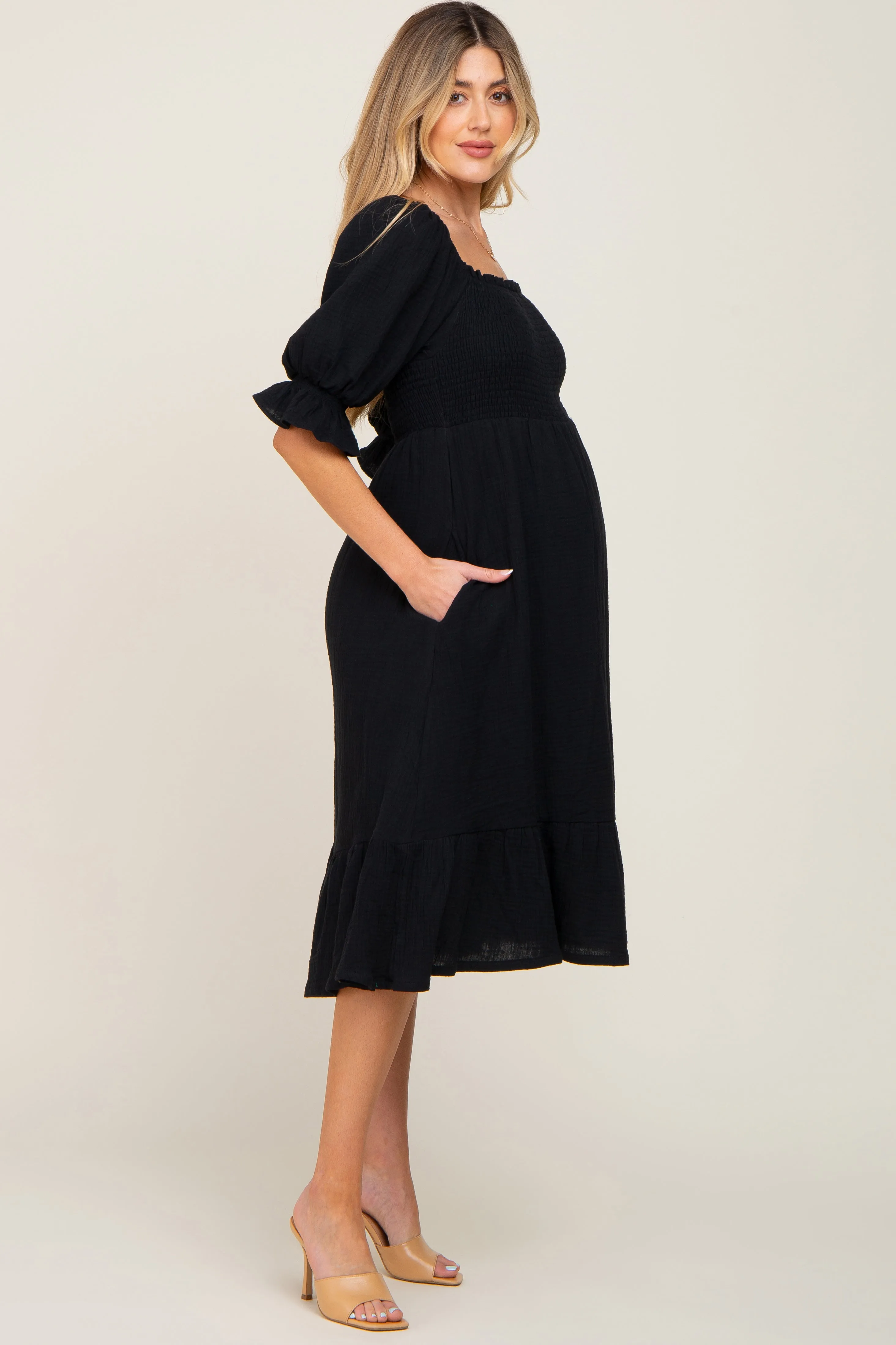 Black Smocked Puff Sleeve Maternity Midi Dress sold by Pinkblush product image thumbnail 2