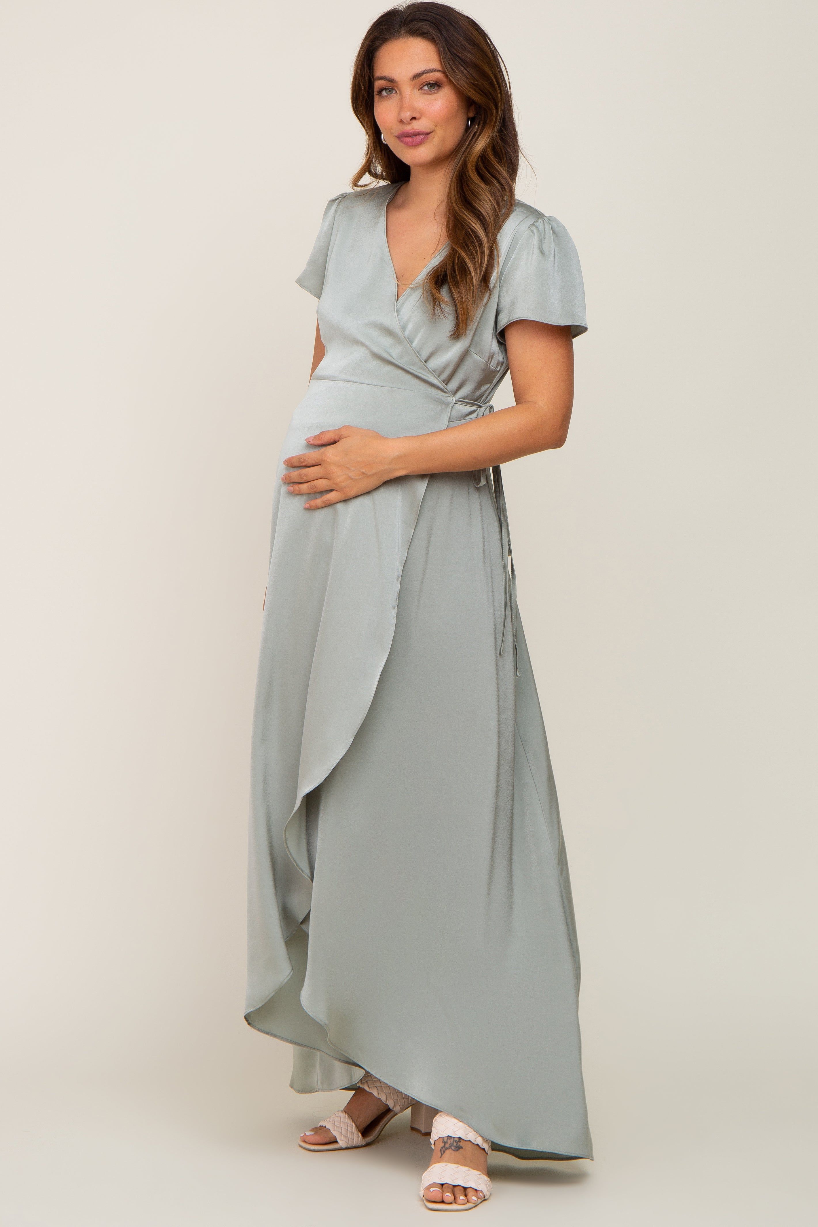 Sage Satin Hi-Lo Maternity Maxi Wrap Dress sold by Pinkblush product image thumbnail 4