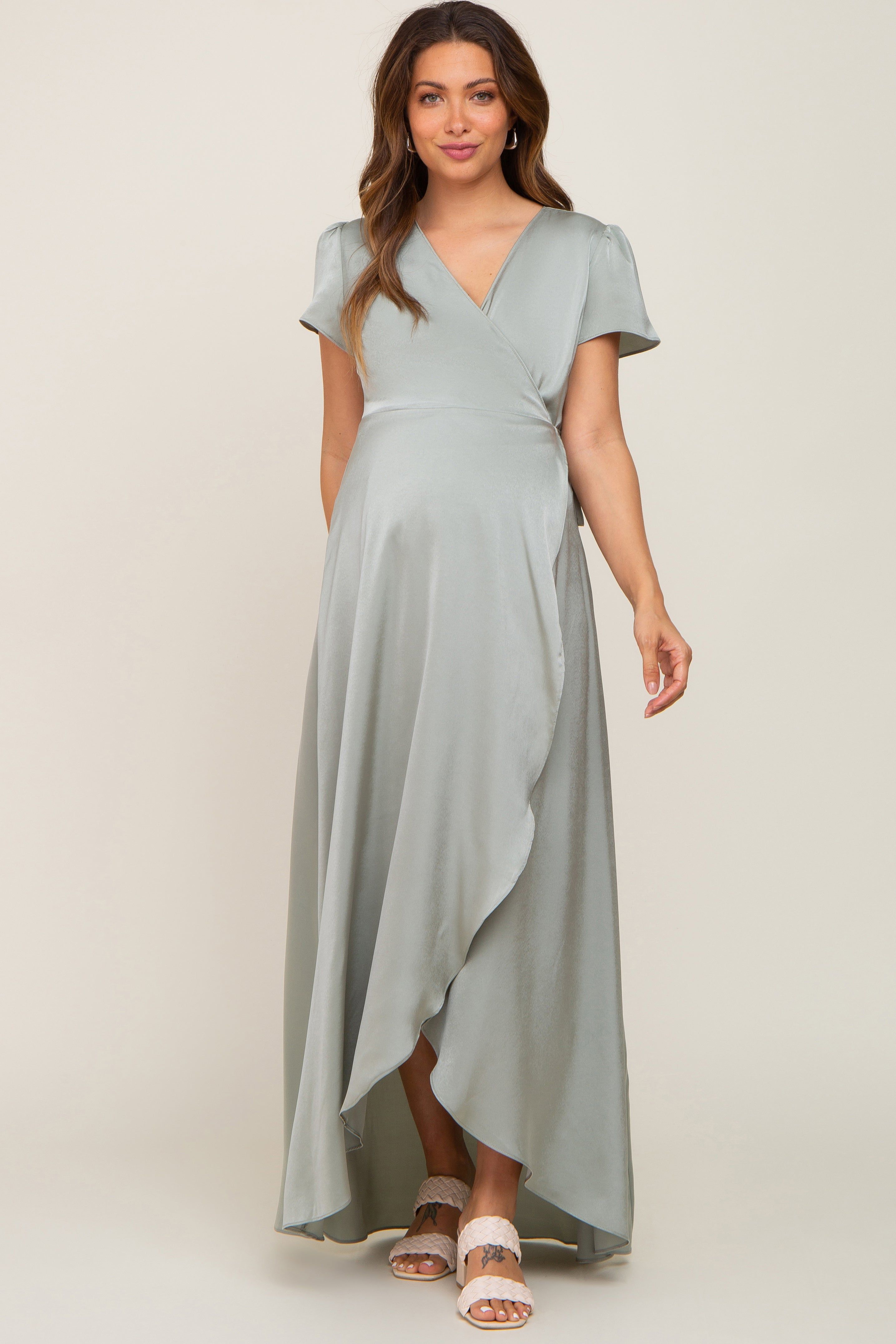 Sage Satin Hi-Lo Maternity Maxi Wrap Dress sold by Pinkblush
