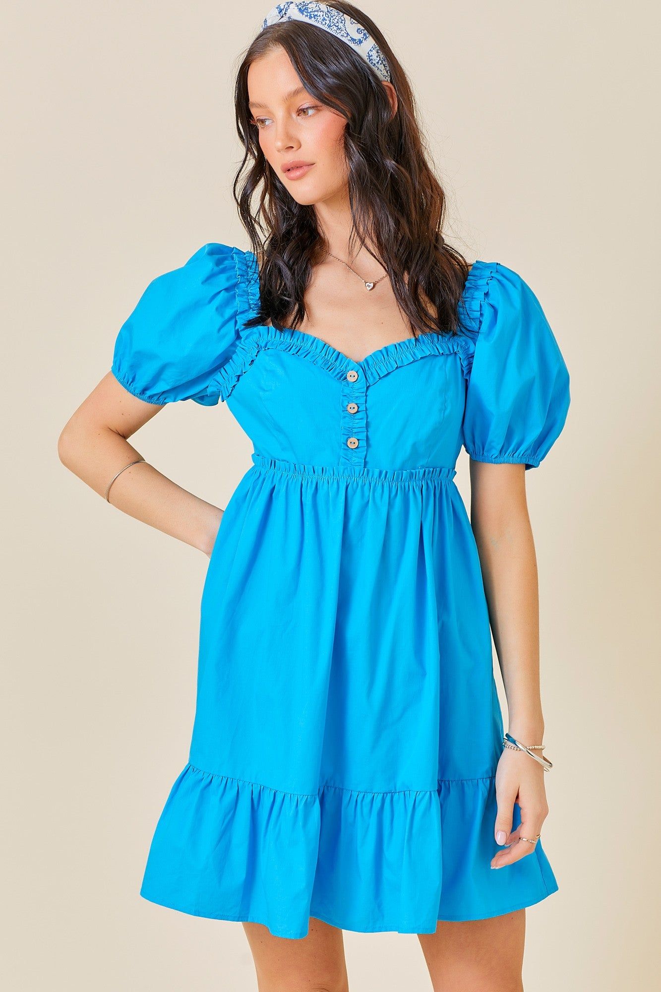 Aqua Puff Sleeve Ruffle Accent Maternity Mini Dress sold by Pinkblush product image thumbnail 5