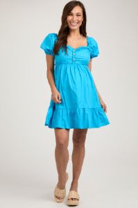 Aqua Puff Sleeve Ruffle Accent Maternity Mini Dress sold by Pinkblush