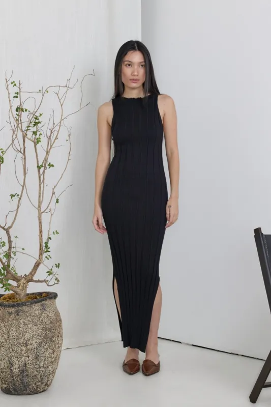 Black Sleeveless Knit Side Slit Midi Dress sold by Pinkblush