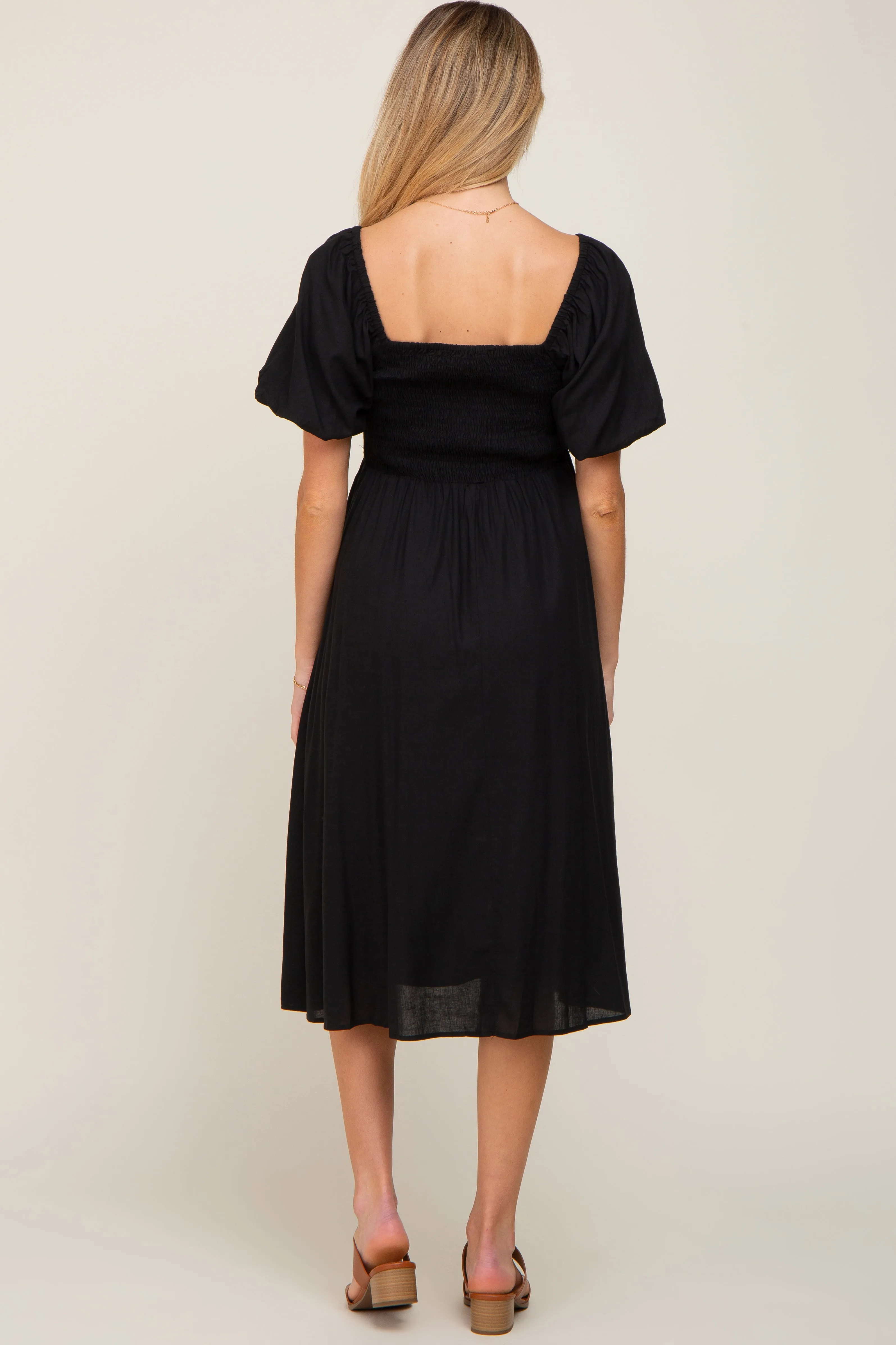 Black Smocked Puff Sleeve Maternity Midi Dress sold by Pinkblush product image thumbnail 3