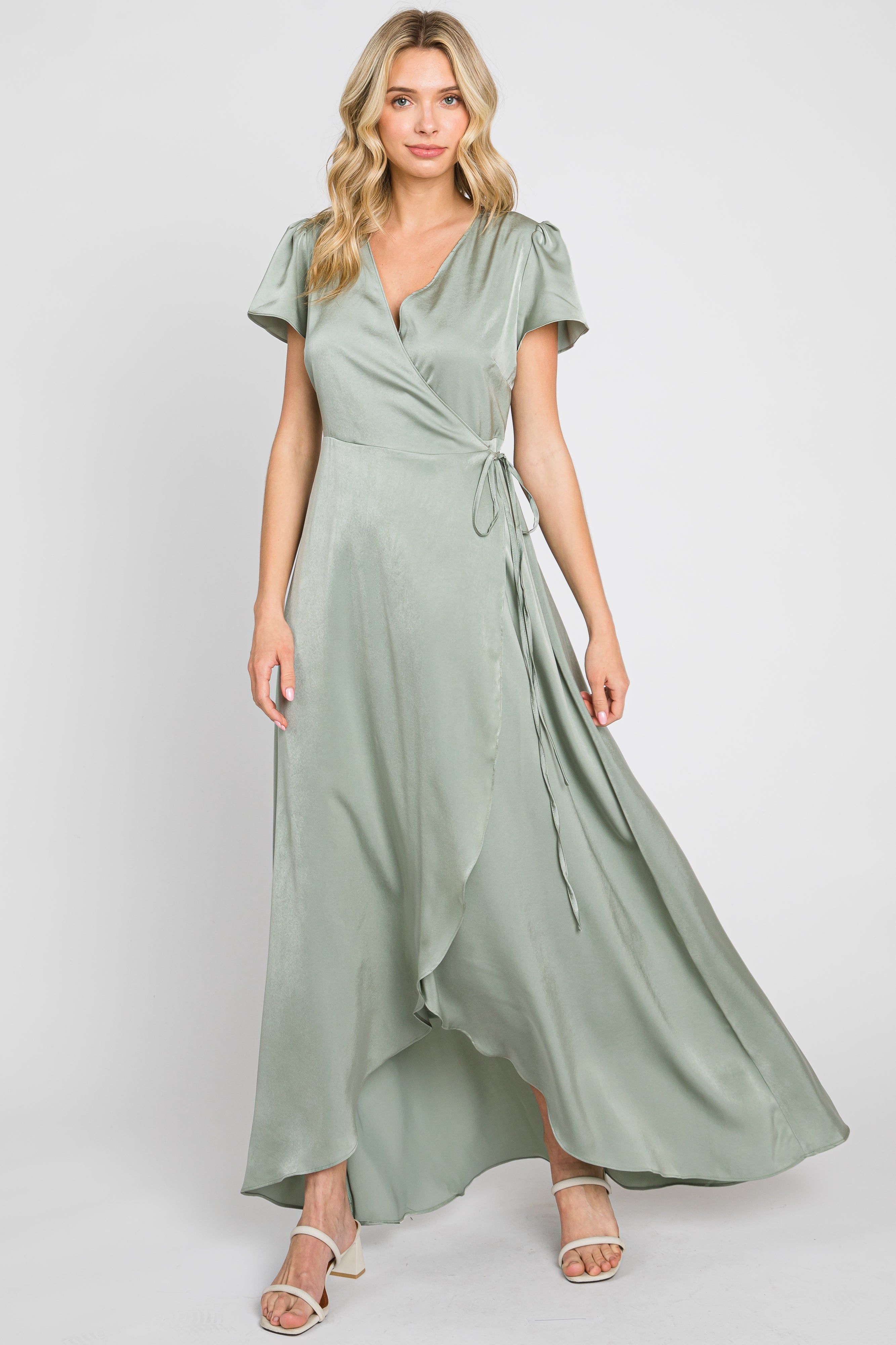 Sage Satin Hi-Lo Maternity Maxi Wrap Dress sold by Pinkblush product image thumbnail 5