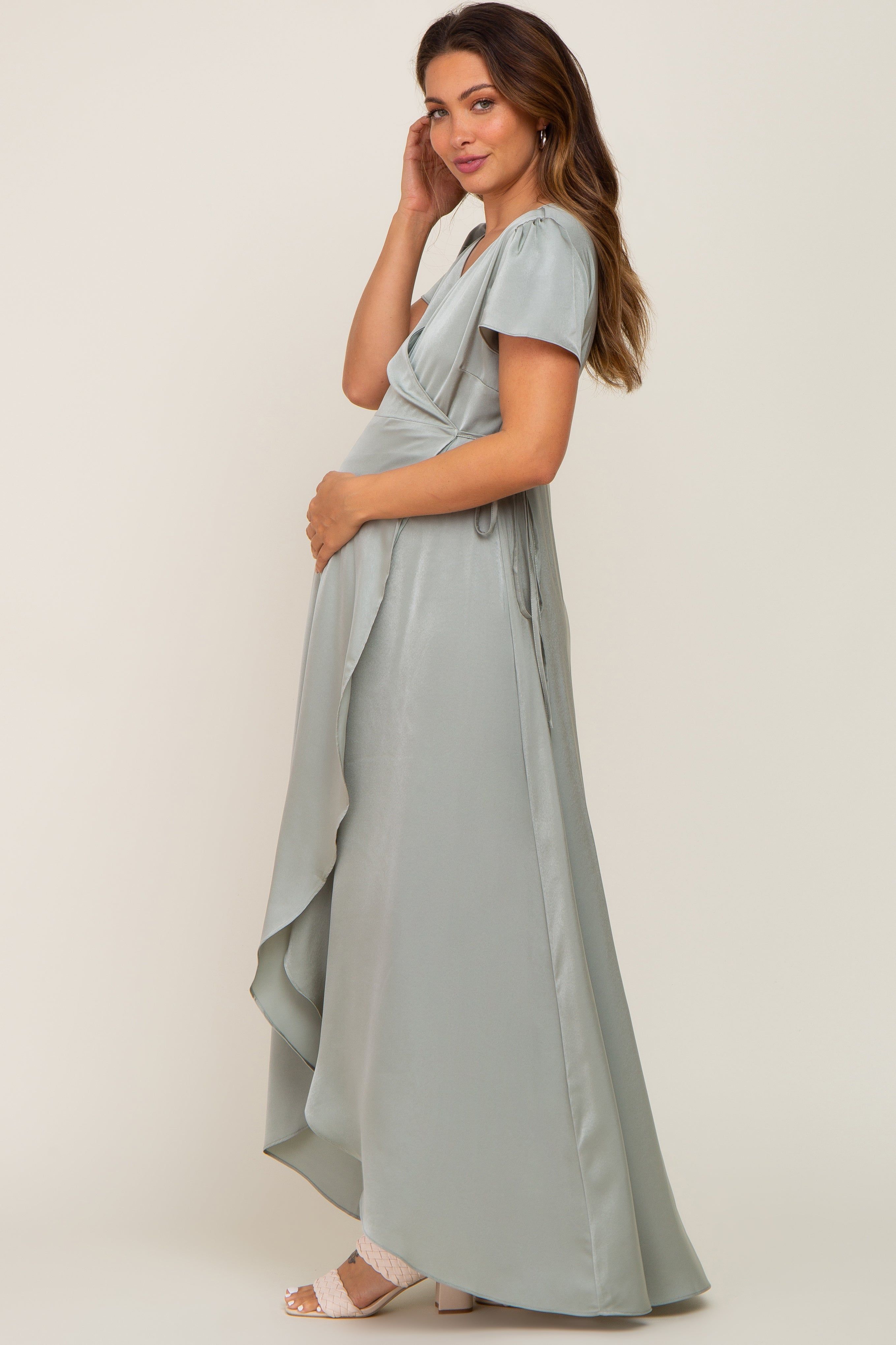 Sage Satin Hi-Lo Maternity Maxi Wrap Dress sold by Pinkblush product image thumbnail 2
